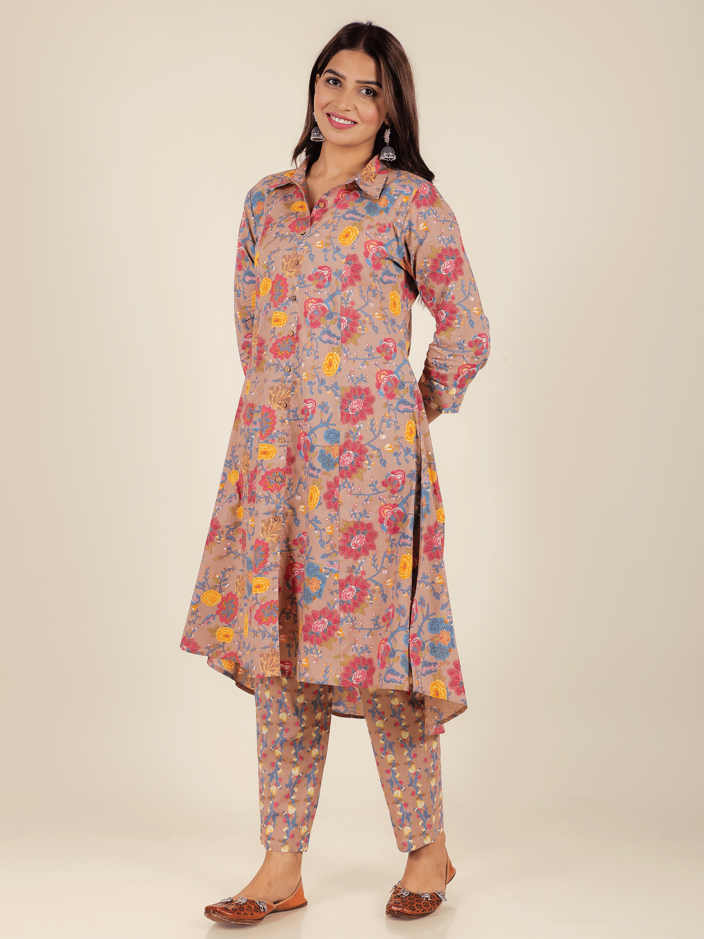 Embroidered Soft Cotton Floral High Low Brown Kurta