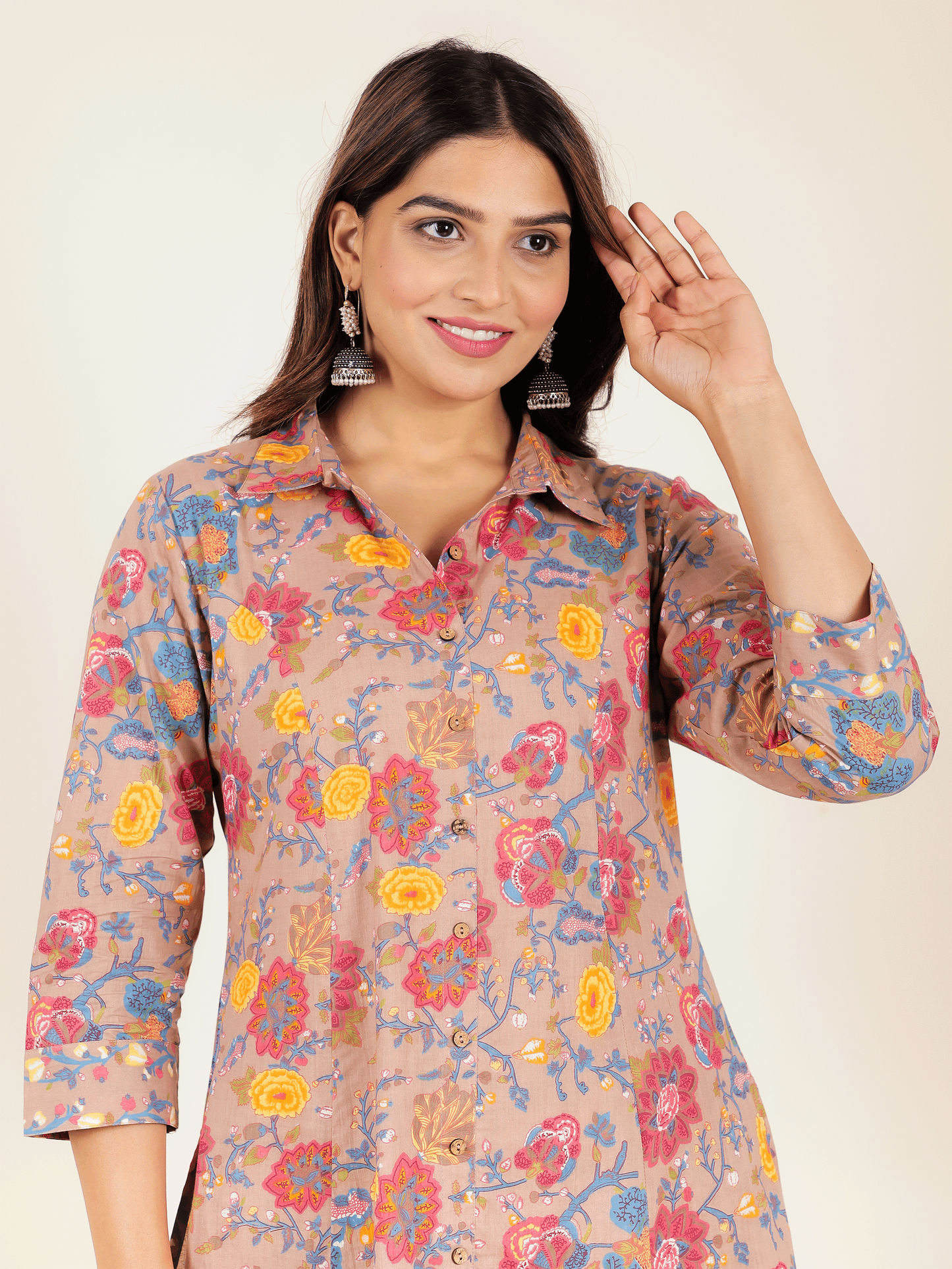 Embroidered Soft Cotton Floral High Low Brown Kurta
