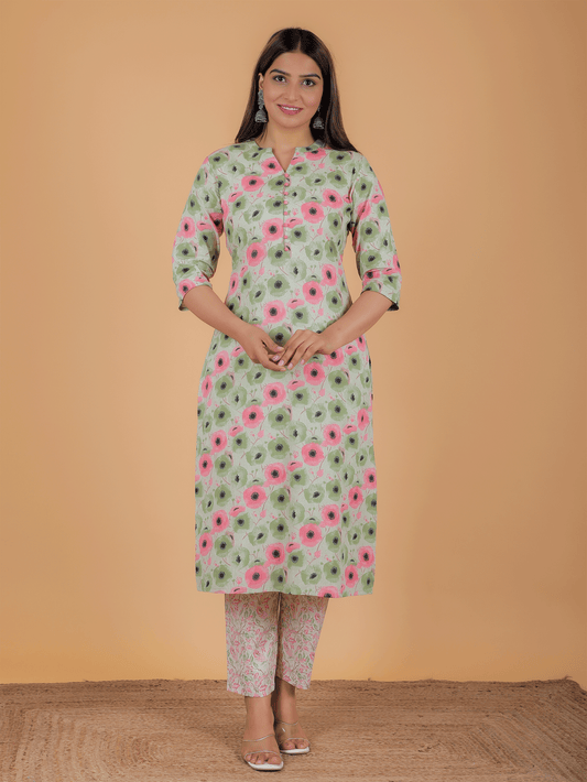 Soft Cotton Floral Straight Green Kurta