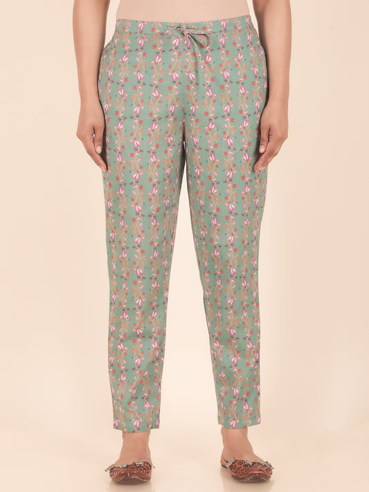 Soft Cotton Floral Green Tapered Trousers