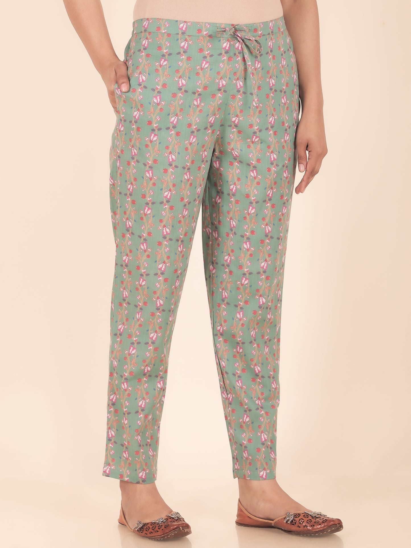 Soft Cotton Floral Green Tapered Trousers