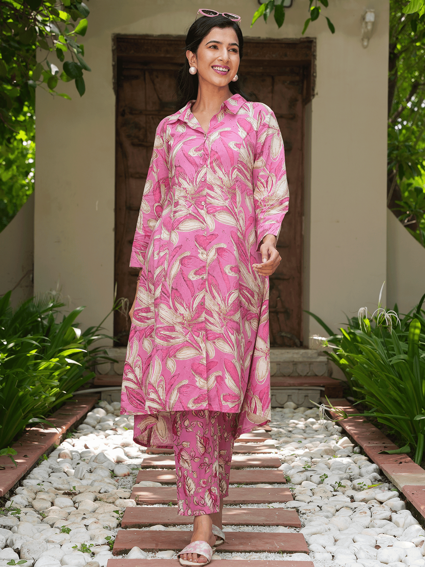 Soft Cotton Floral High Low Pink Kurta