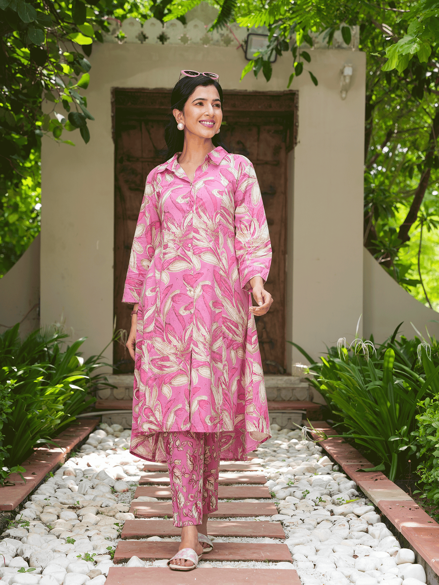 Soft Cotton Floral High Low Pink Kurta