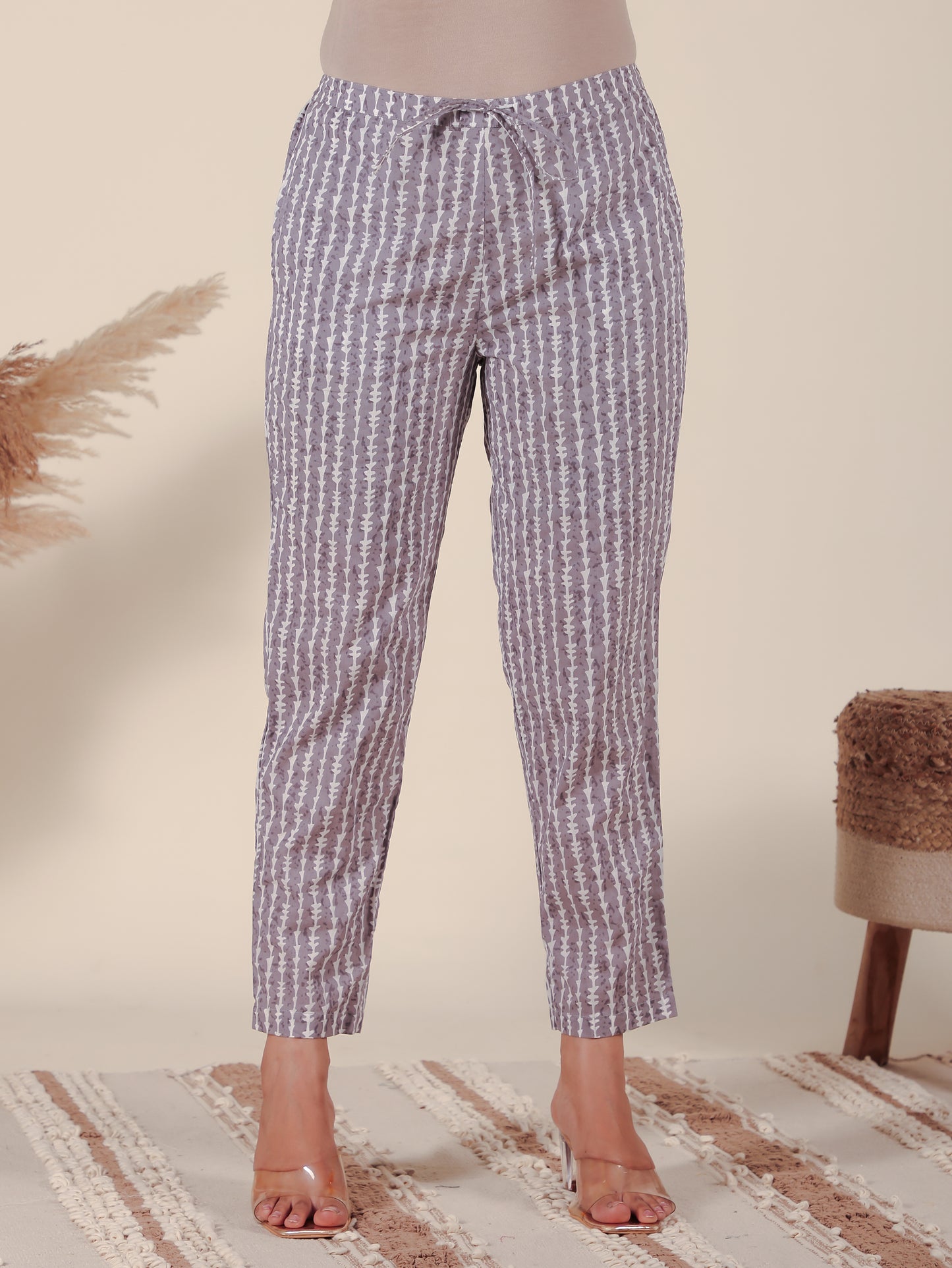 Soft Cotton Geometric Grey Tapered Trousers