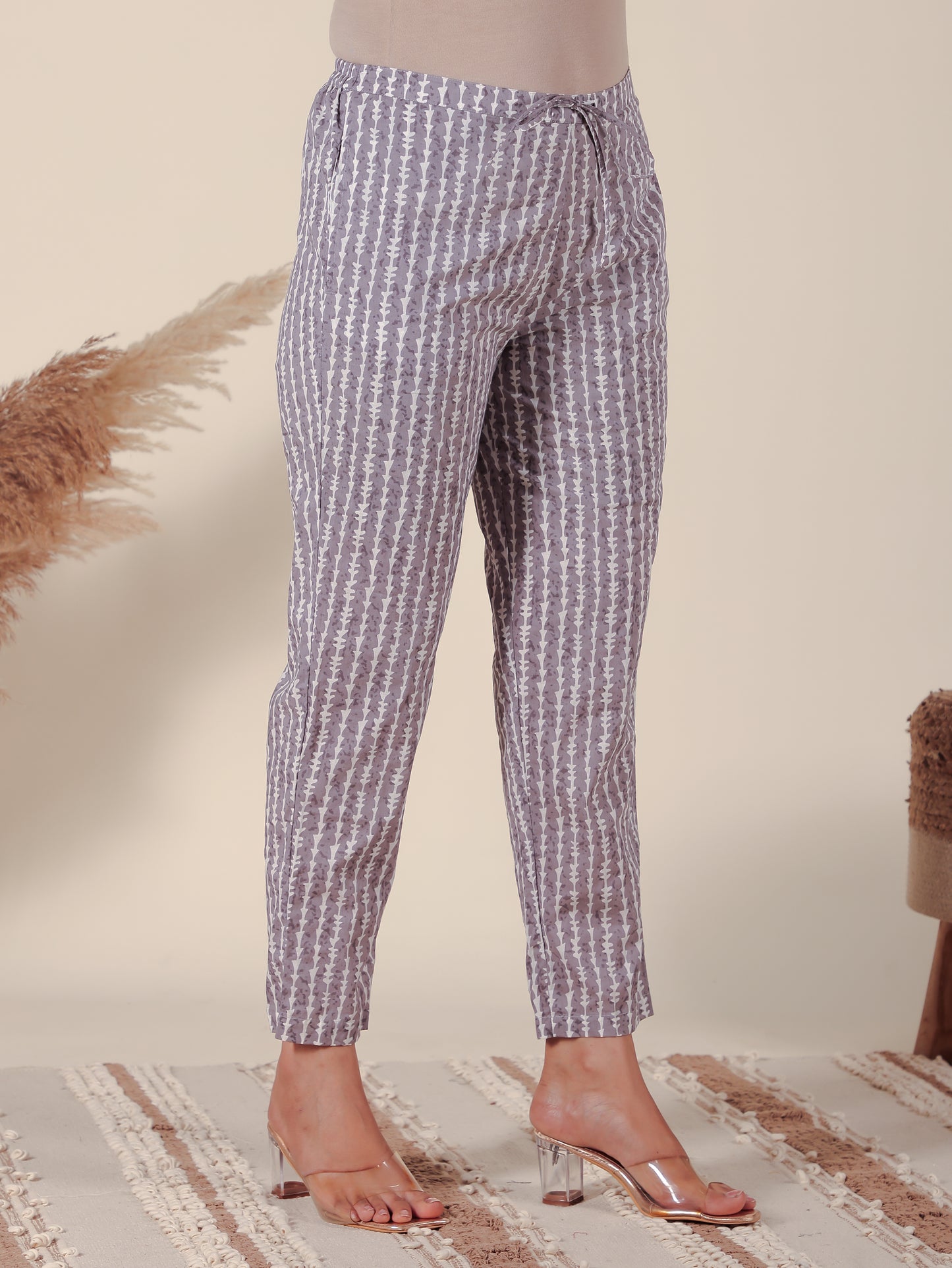 Soft Cotton Geometric Grey Tapered Trousers