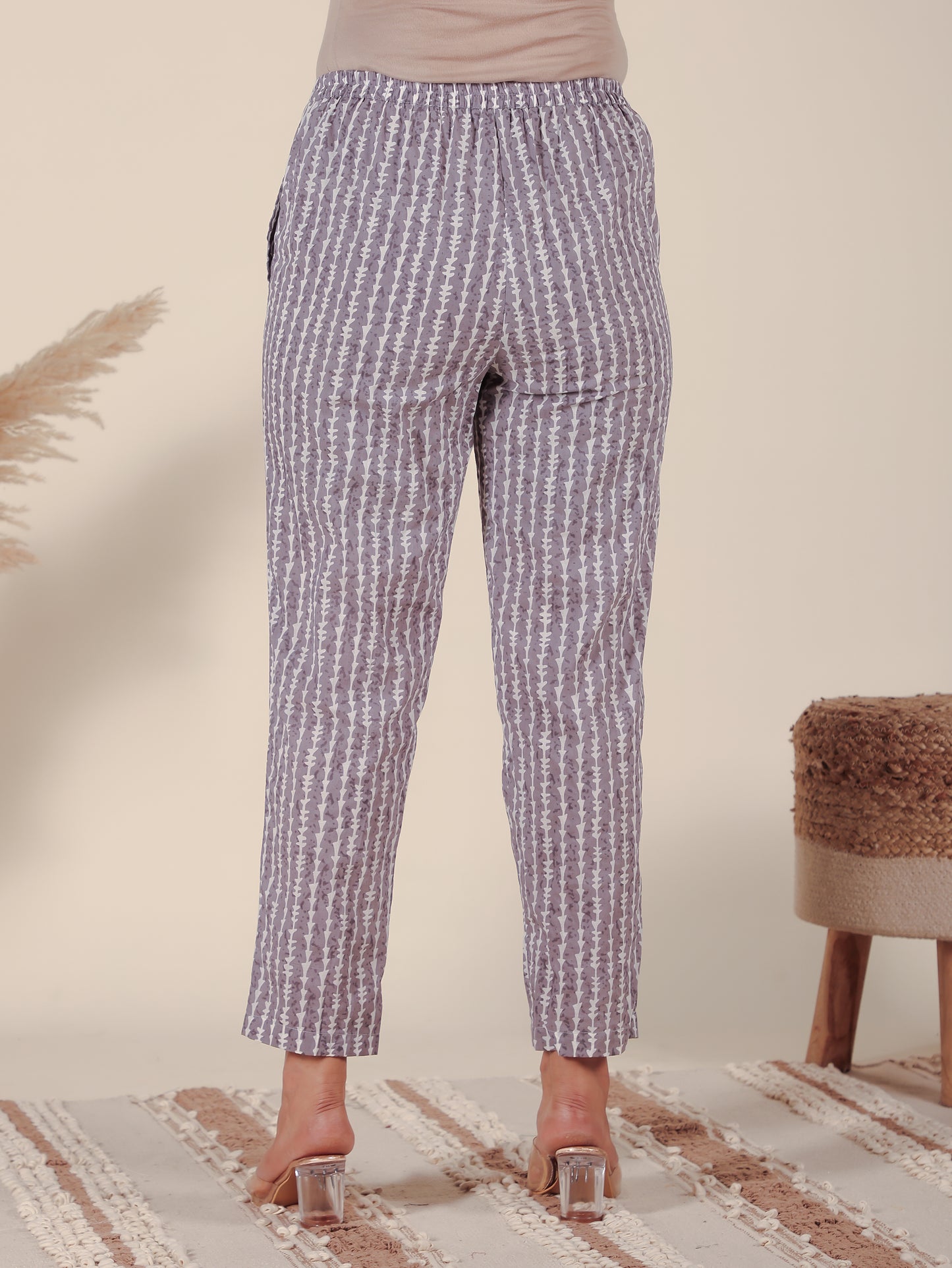 Soft Cotton Geometric Grey Tapered Trousers