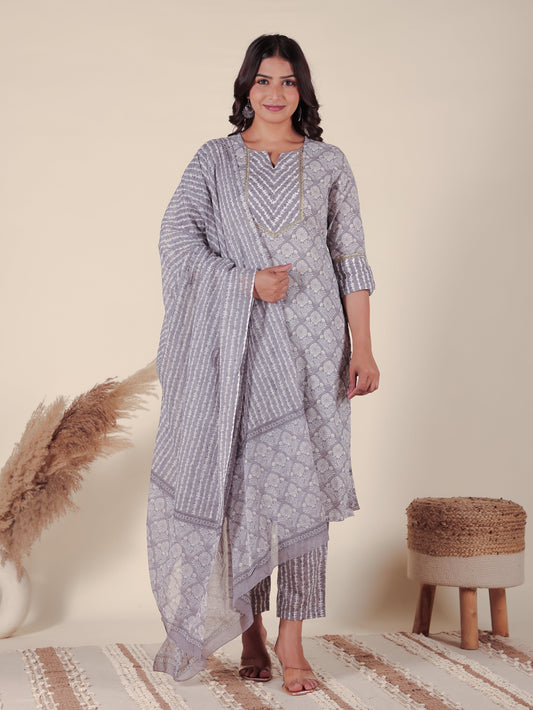 Cotton Voile Geometric Grey Dupatta