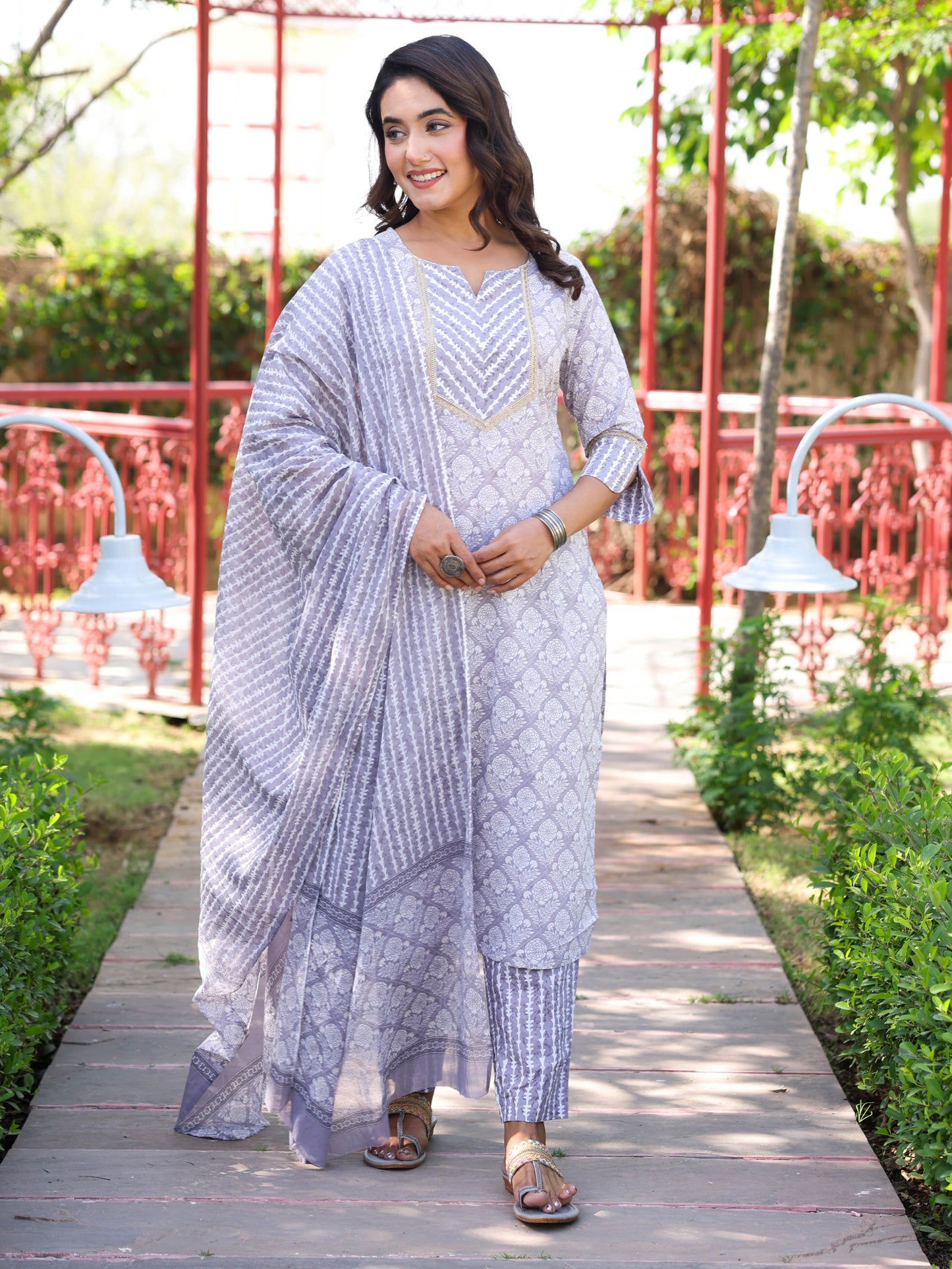 Cotton Voile Geometric Grey Dupatta
