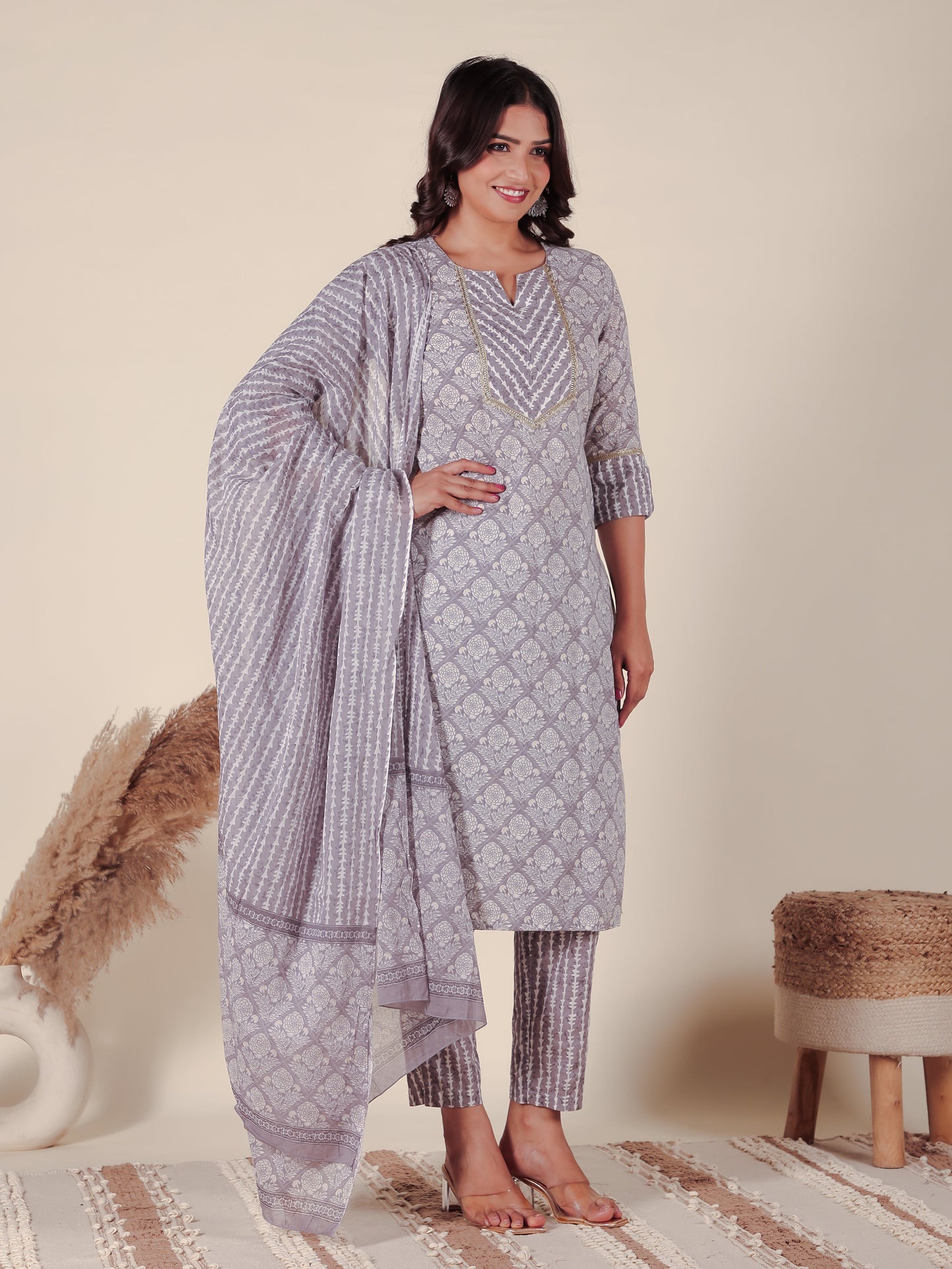Cotton Voile Geometric Grey Dupatta