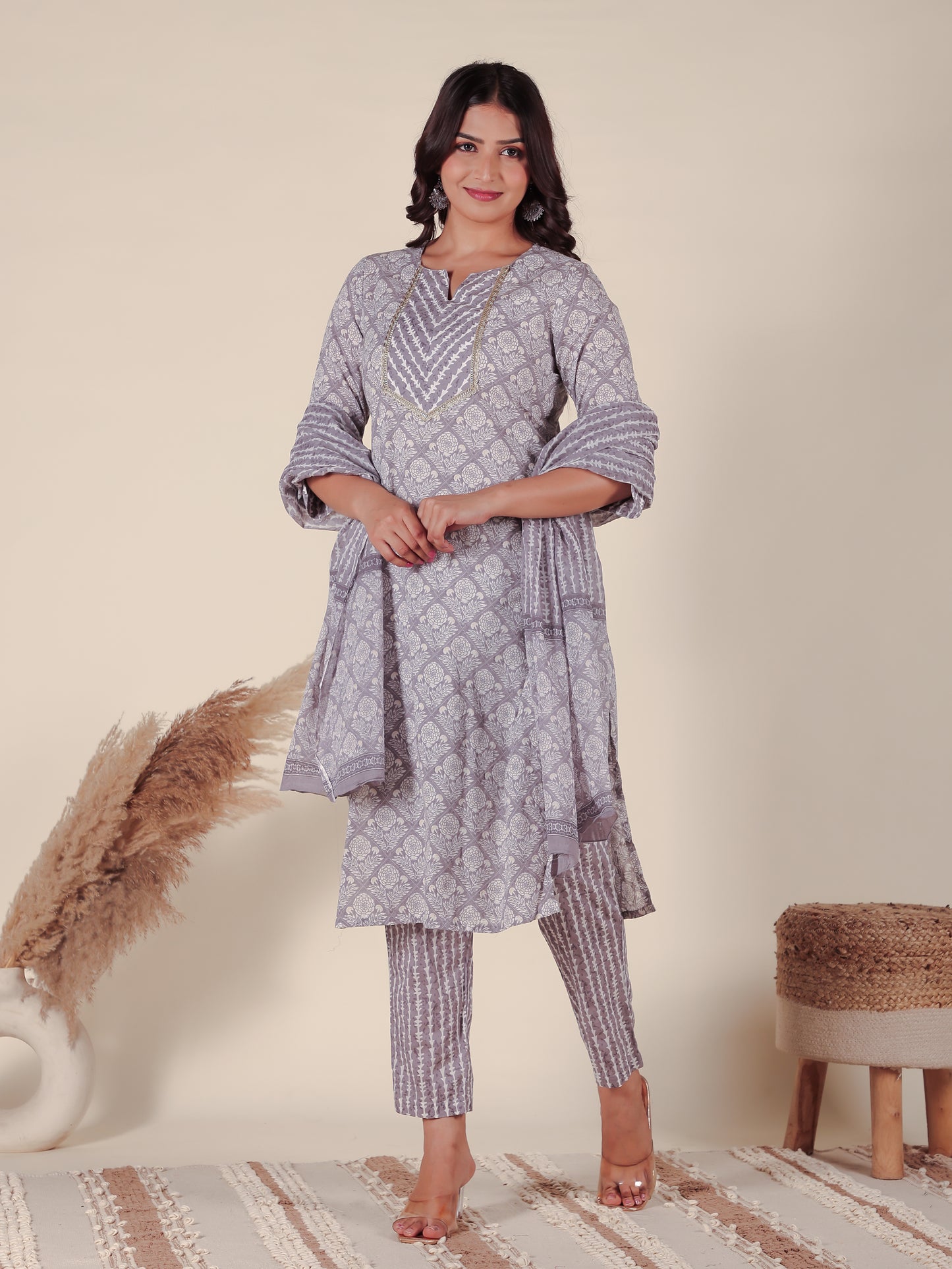 Cotton Voile Geometric Grey Dupatta