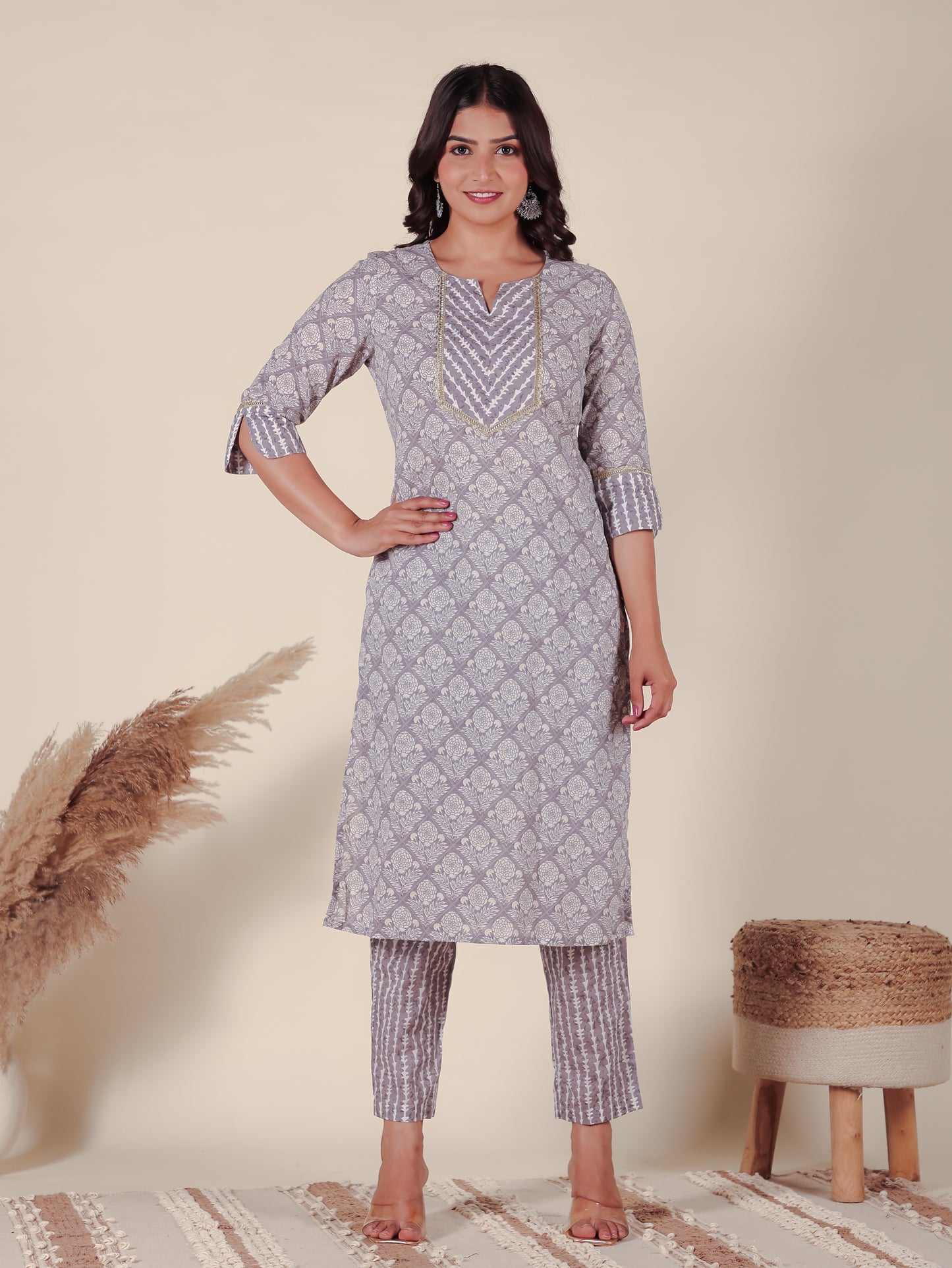 Soft Cotton Hand Block Straight Grey Kurta