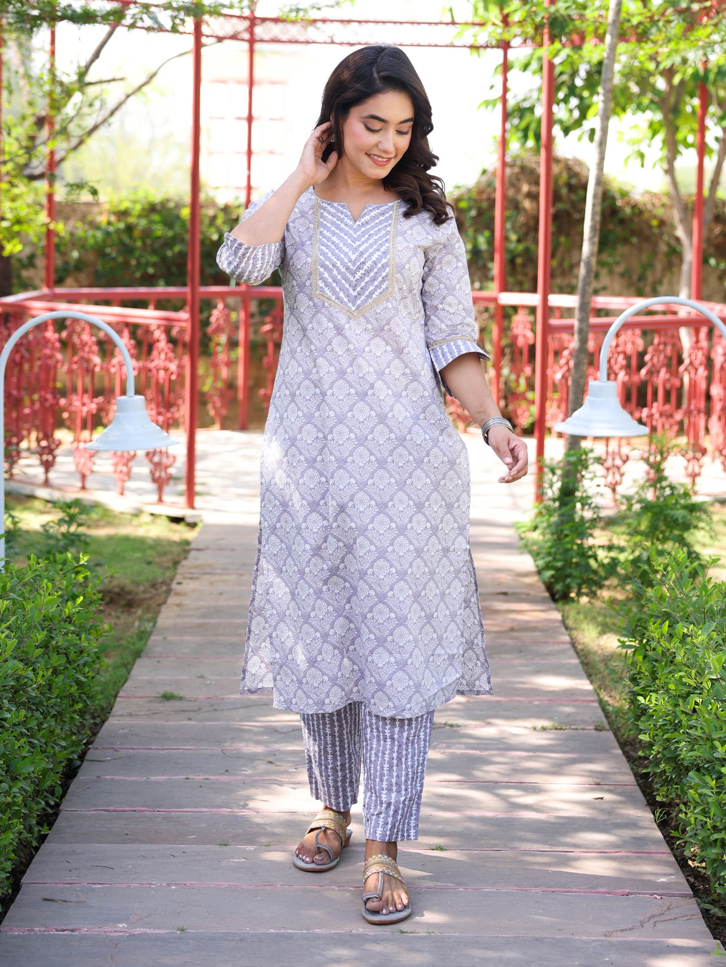 Embroidered Soft Cotton Hand Block Straight Grey Kurta