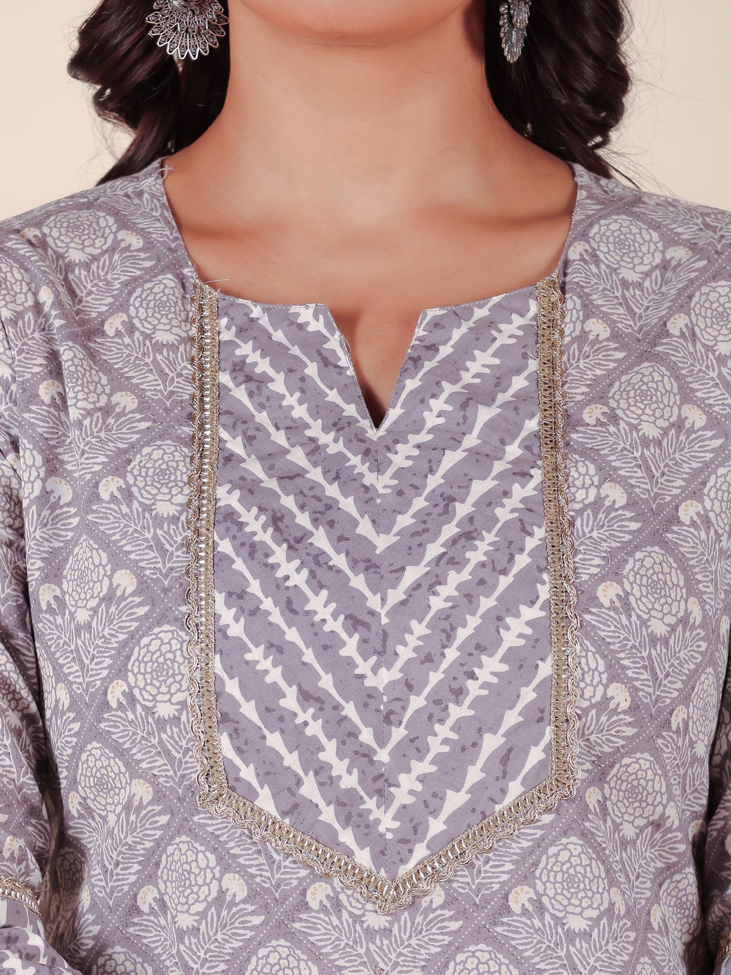 Soft Cotton Hand Block Straight Grey Kurta