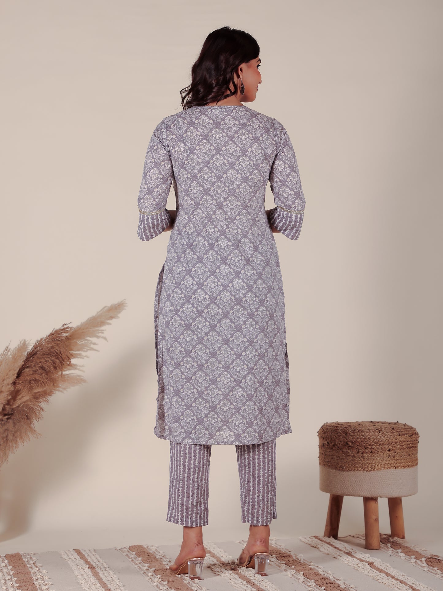 Soft Cotton Hand Block Straight Grey Kurta