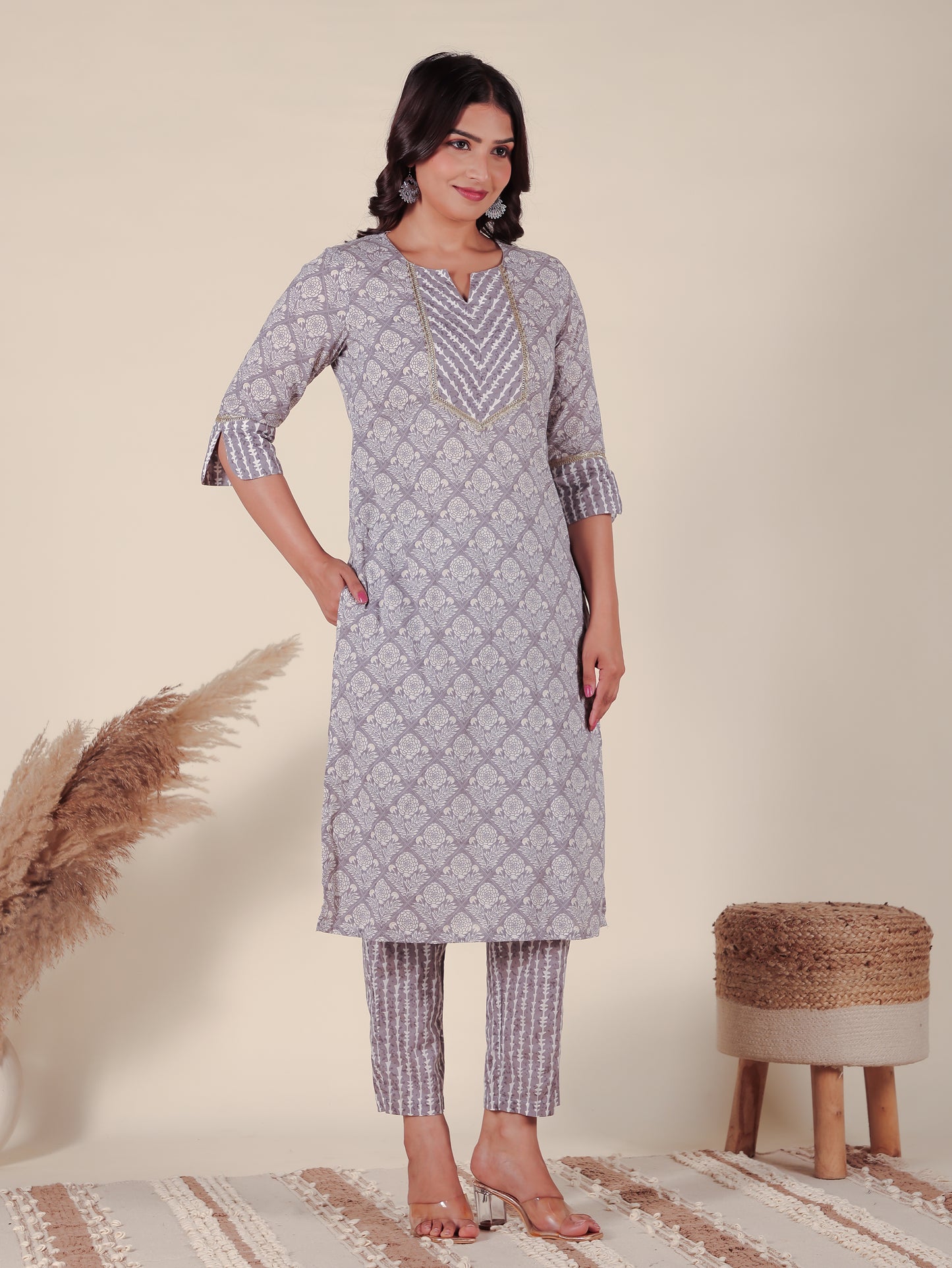 Soft Cotton Hand Block Straight Grey Kurta