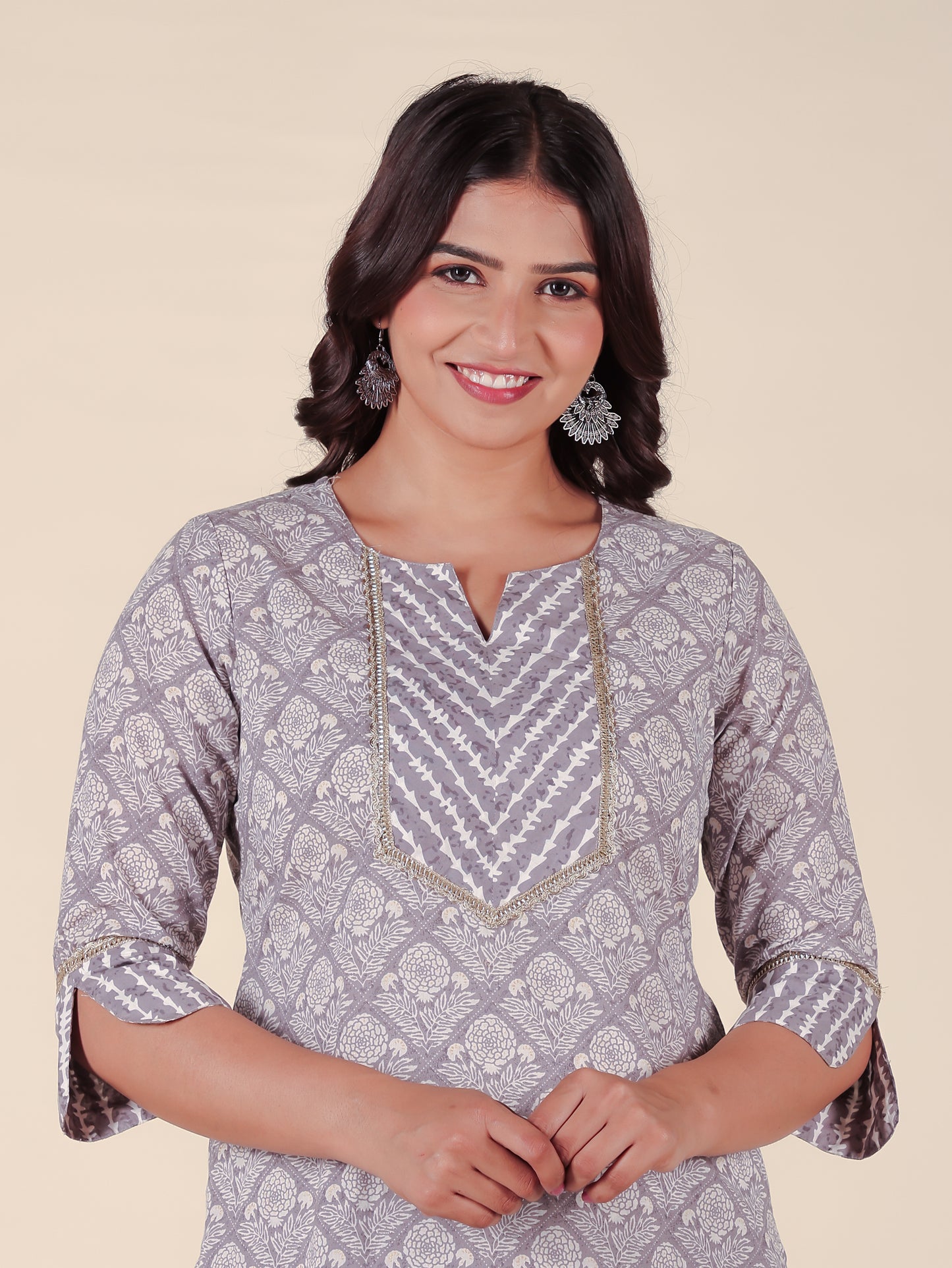 Soft Cotton Hand Block Straight Grey Kurta