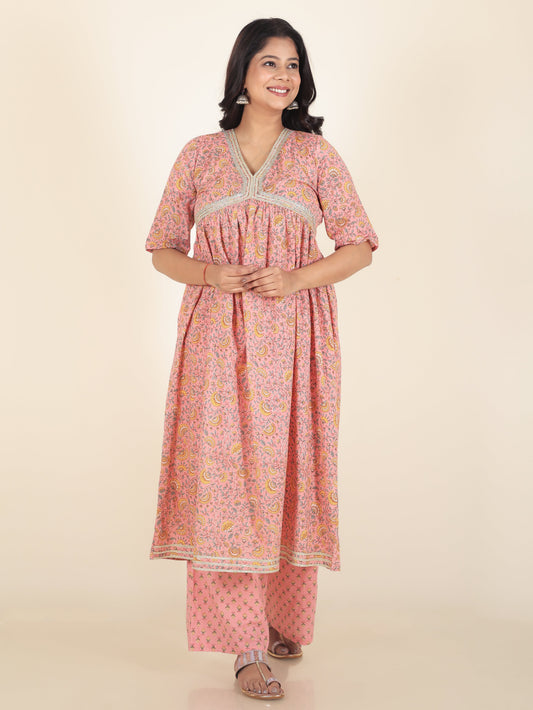 Soft Cotton Floral Anarkali Orange Kurta