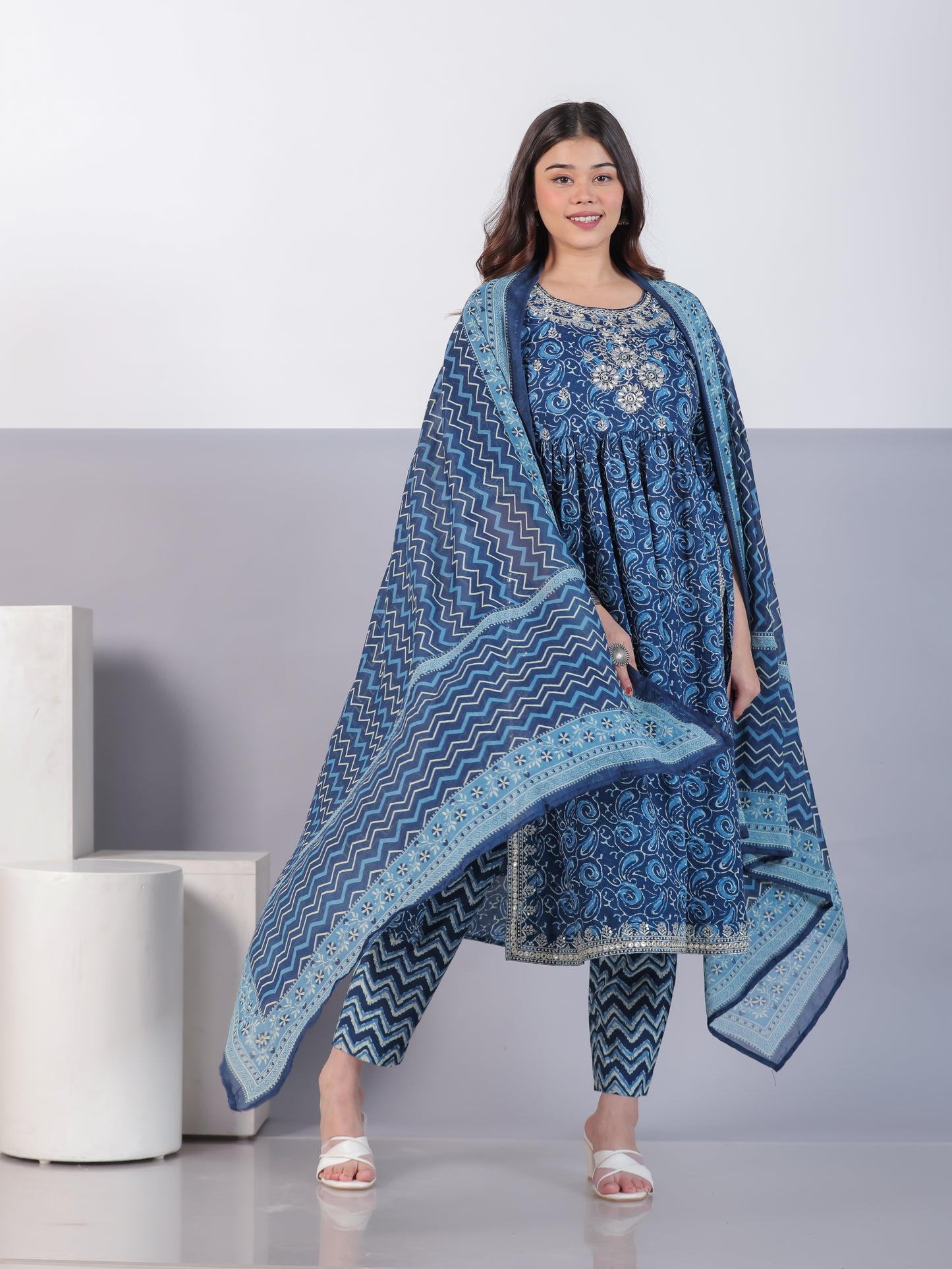 Embroidered Soft Cotton Geometric Flared Indigo blue Kurta