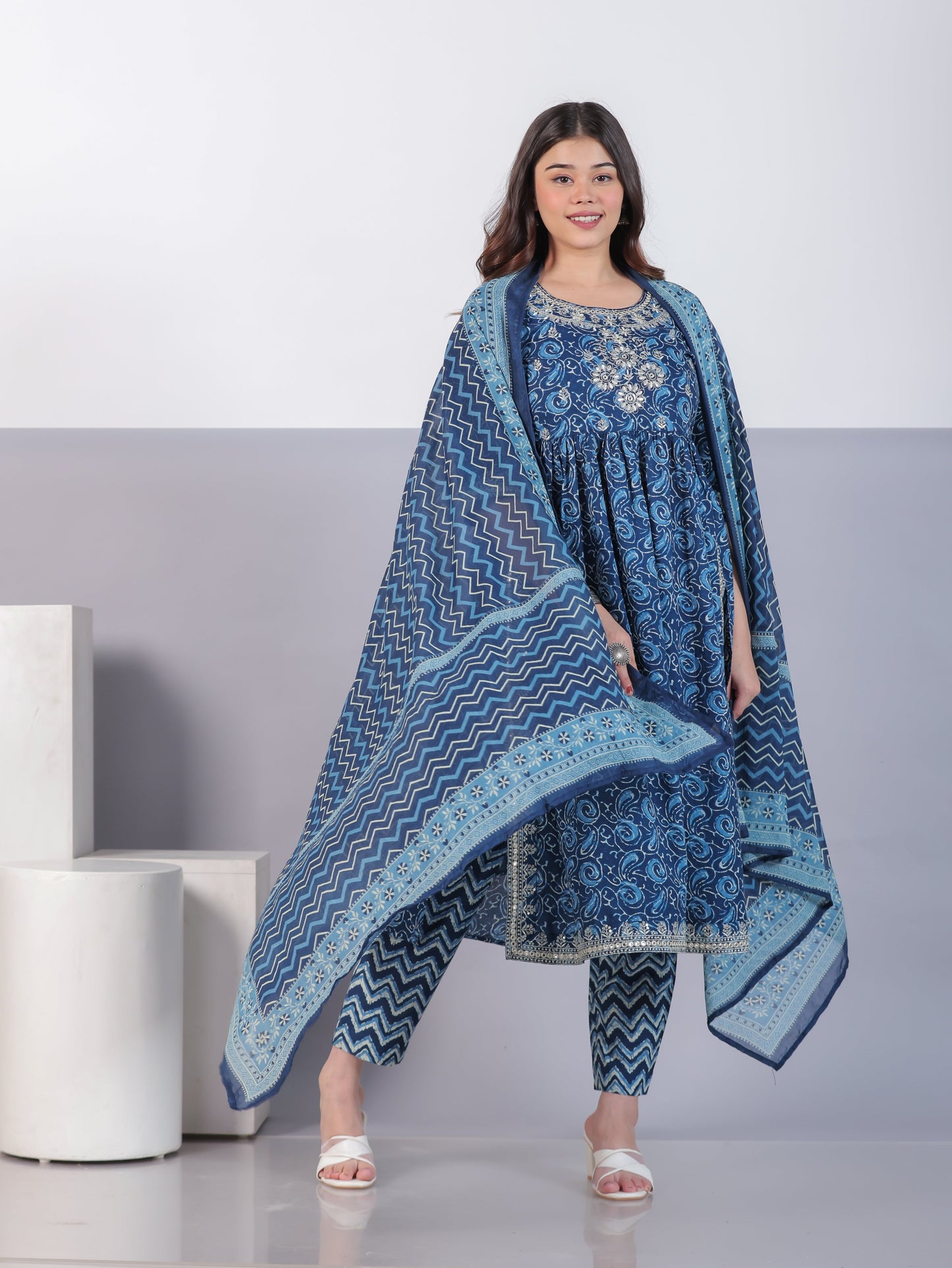 Cotton Voile Striped Blue Dupatta