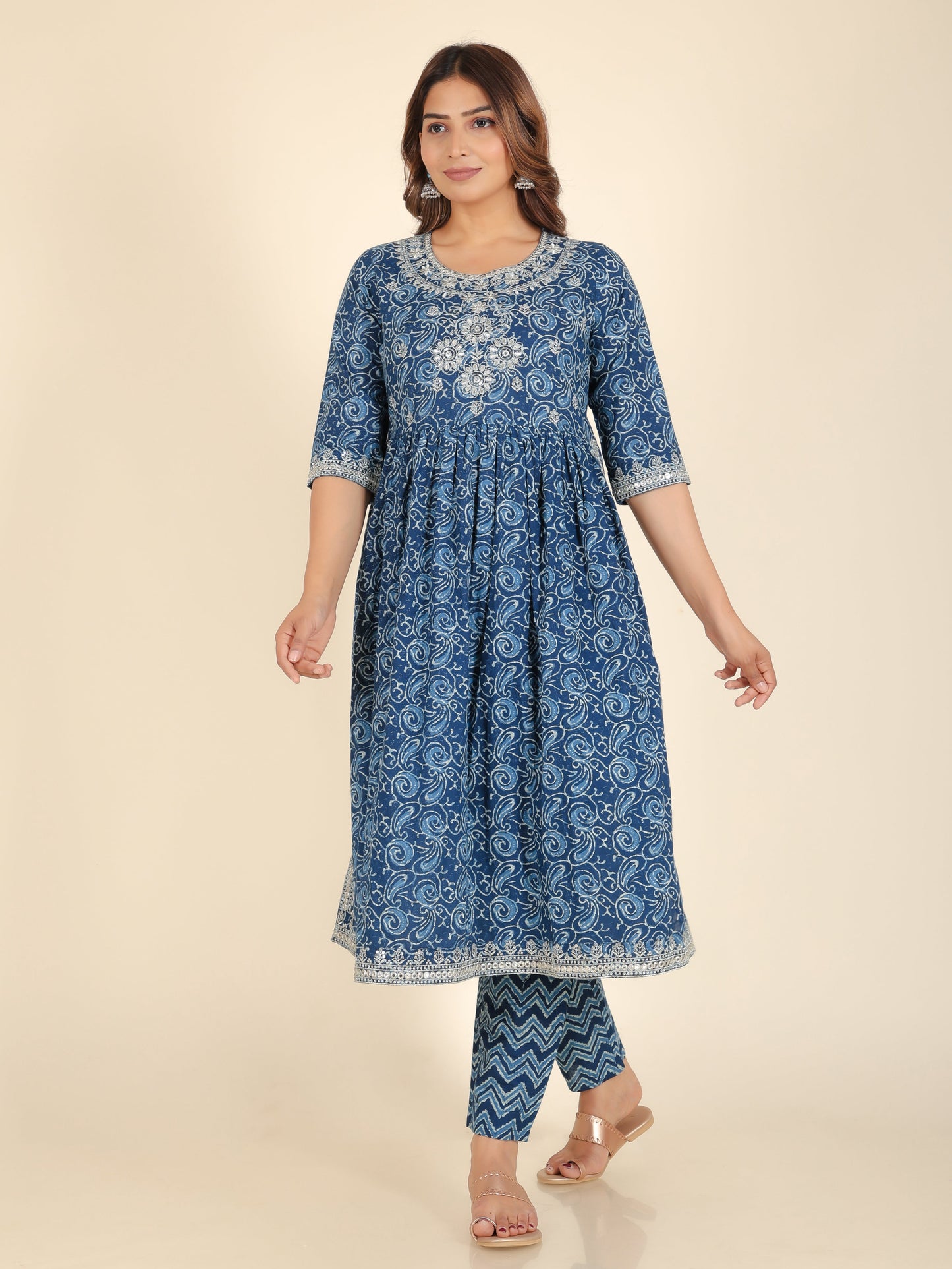 Soft Cotton Paisley Naira Cut Blue Kurta