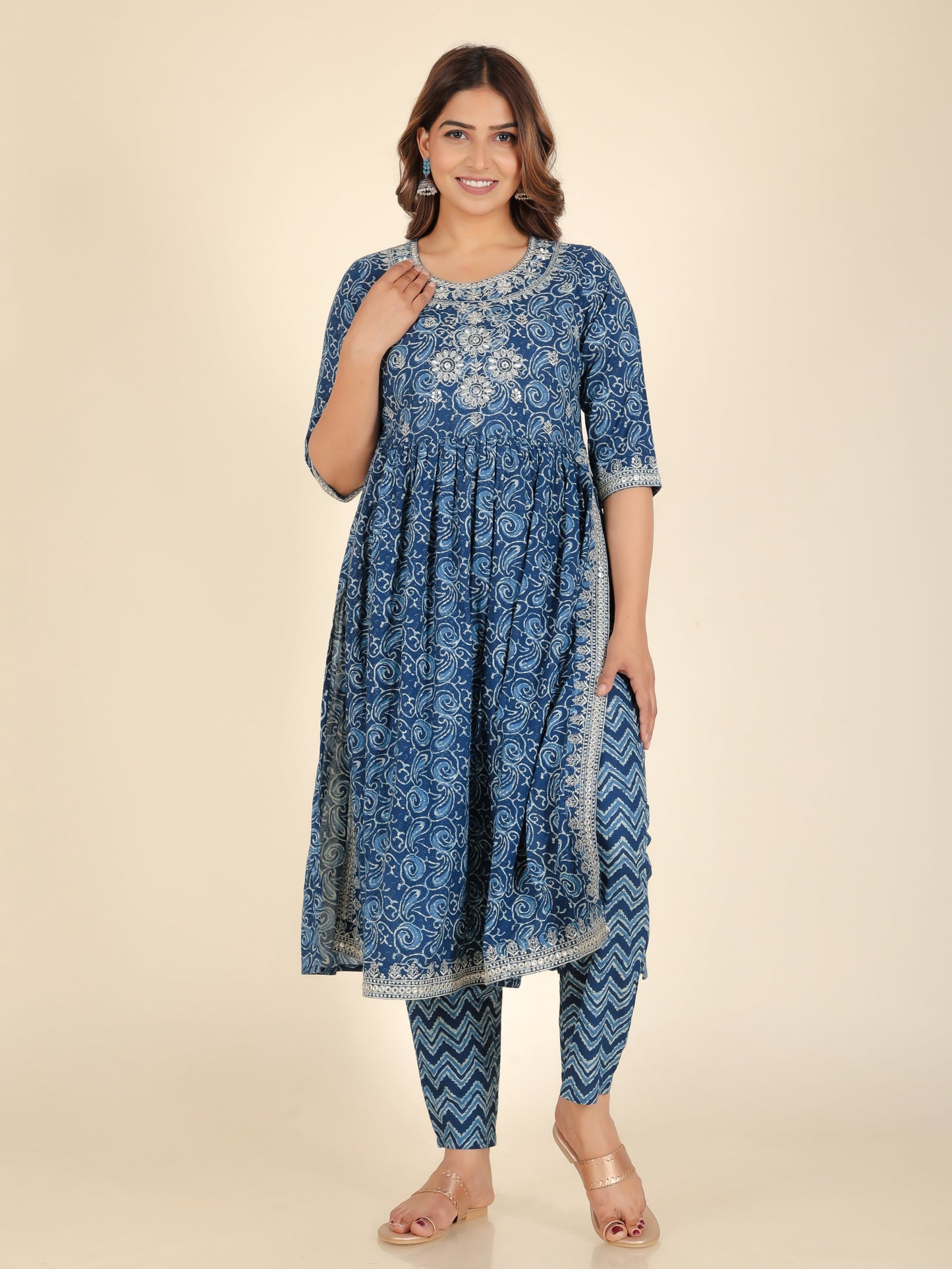 Soft Cotton Paisley Naira Cut Blue Kurta