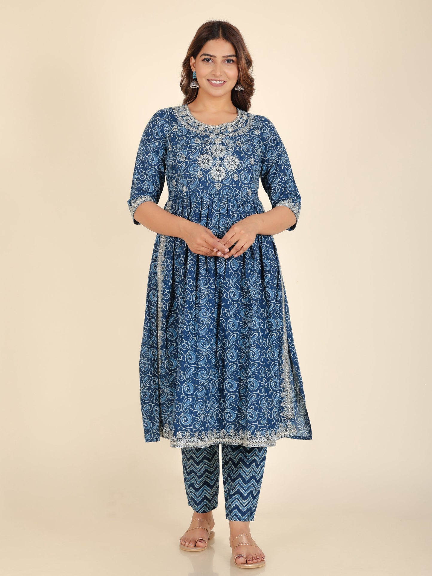 Soft Cotton Paisley Naira Cut Blue Kurta