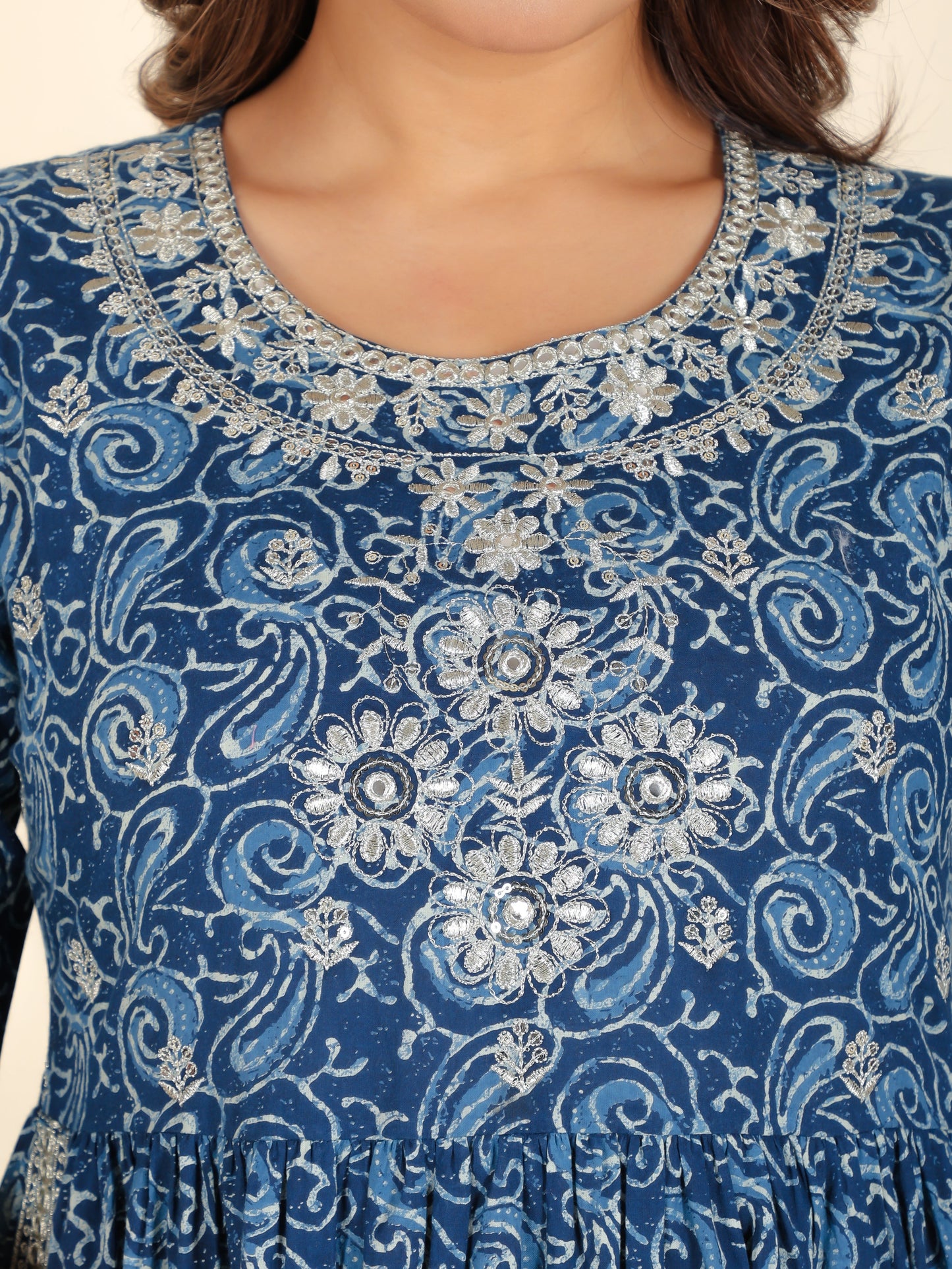 Soft Cotton Paisley Naira Cut Blue Kurta