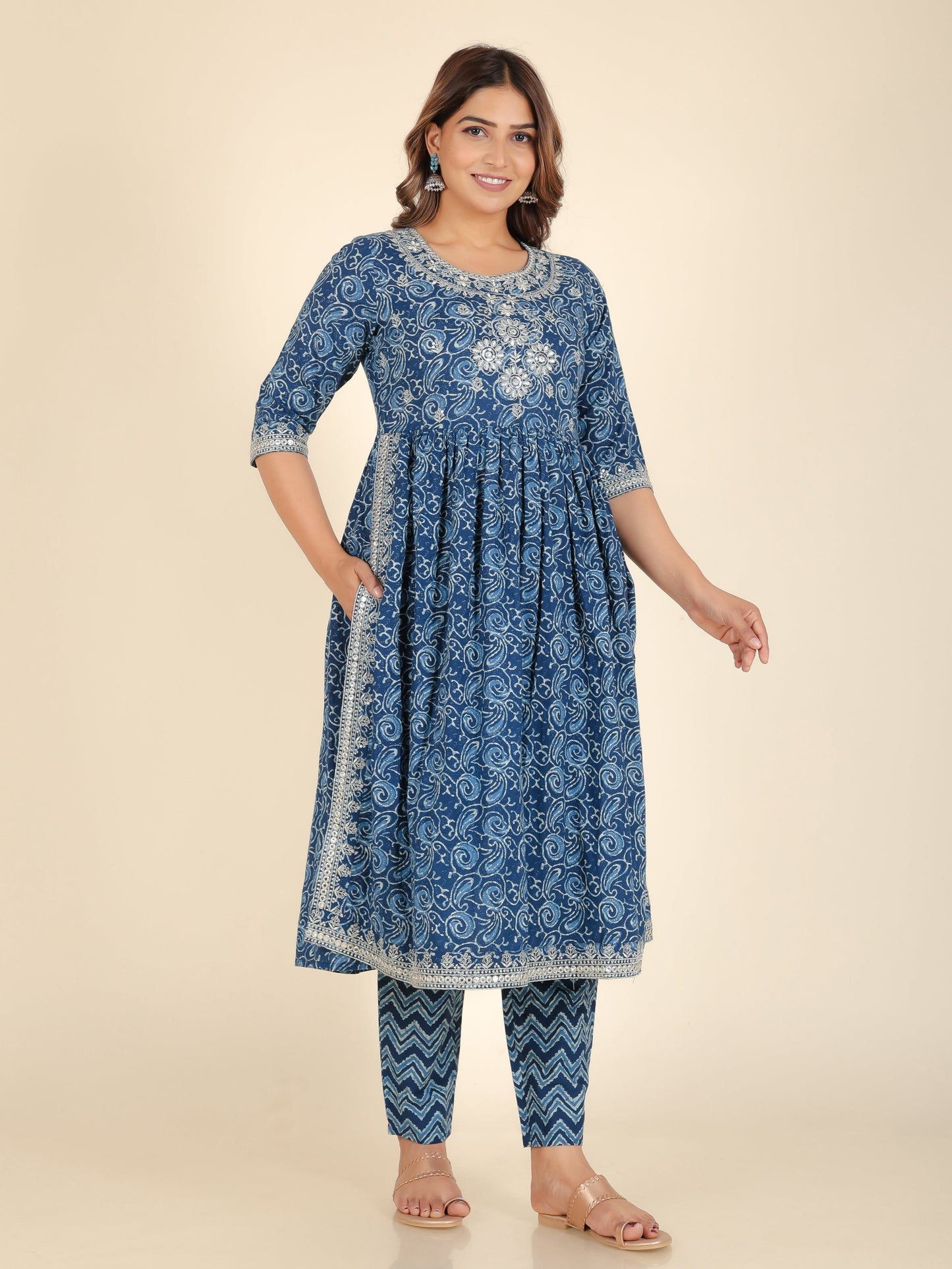 Soft Cotton Paisley Naira Cut Blue Kurta