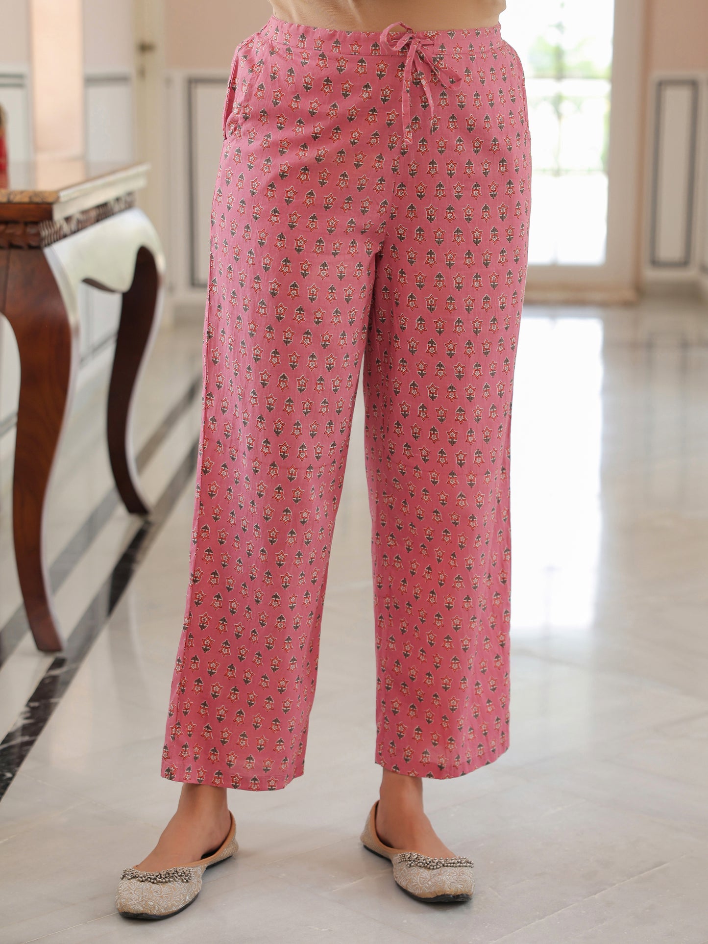 Soft Cotton Floral Pink Straight Trousers