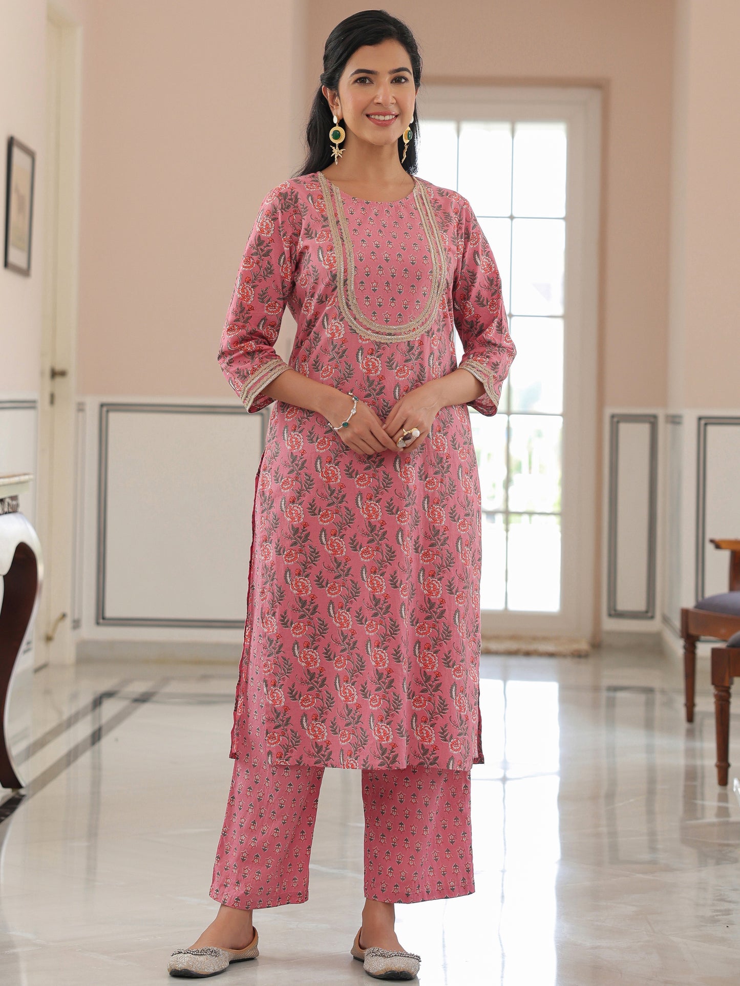Soft Cotton Floral Straight Pink Kurta