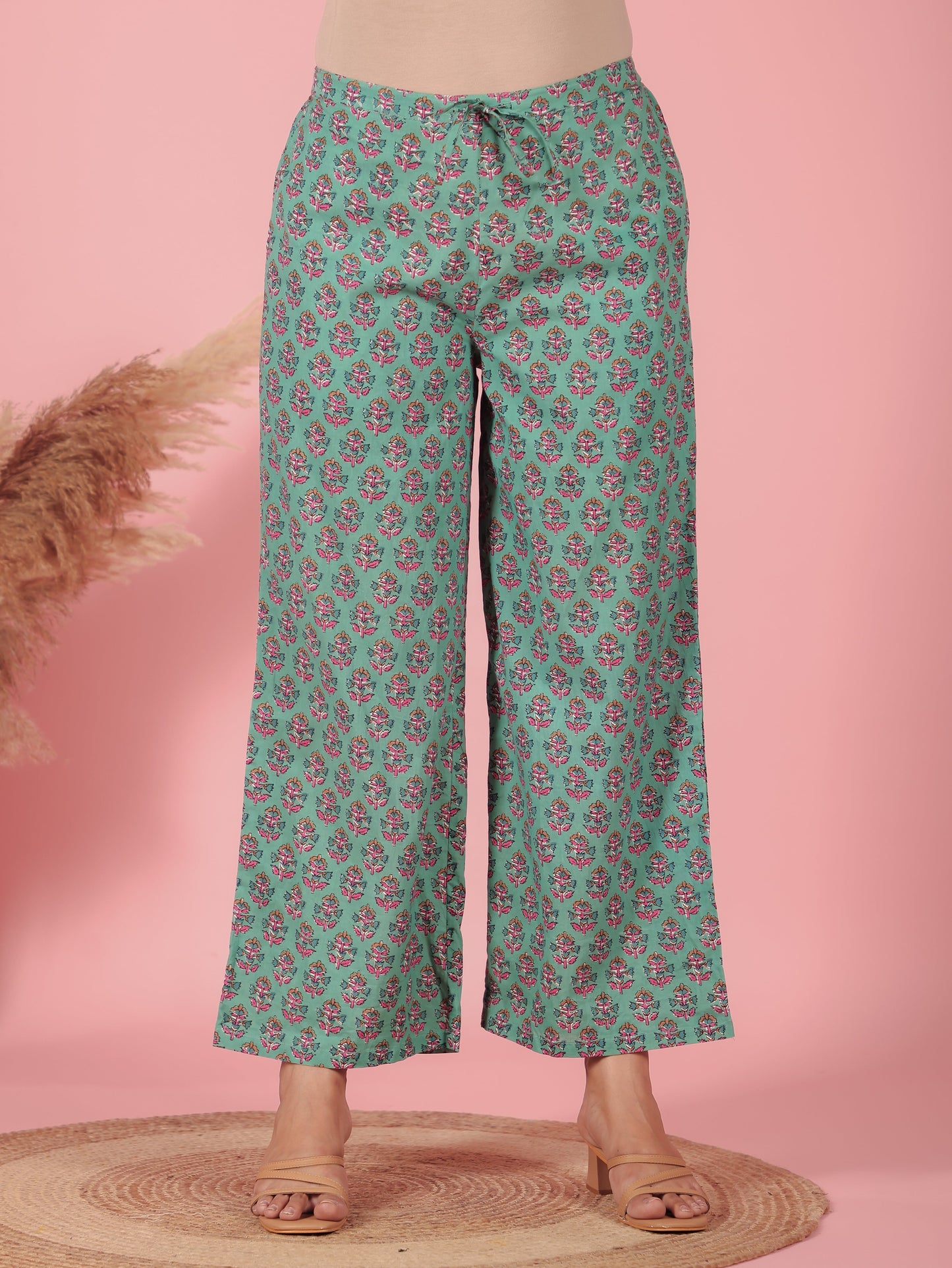 Soft Cotton Floral Green Flared Trousers