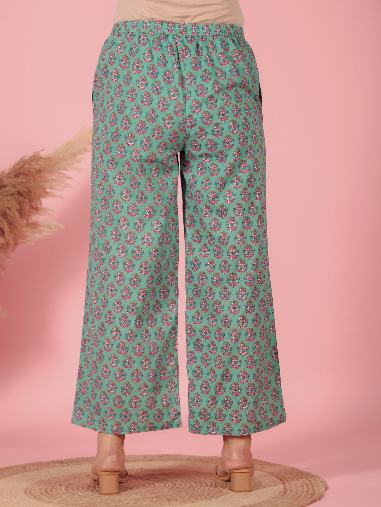 Soft Cotton Floral Green Flared Trousers