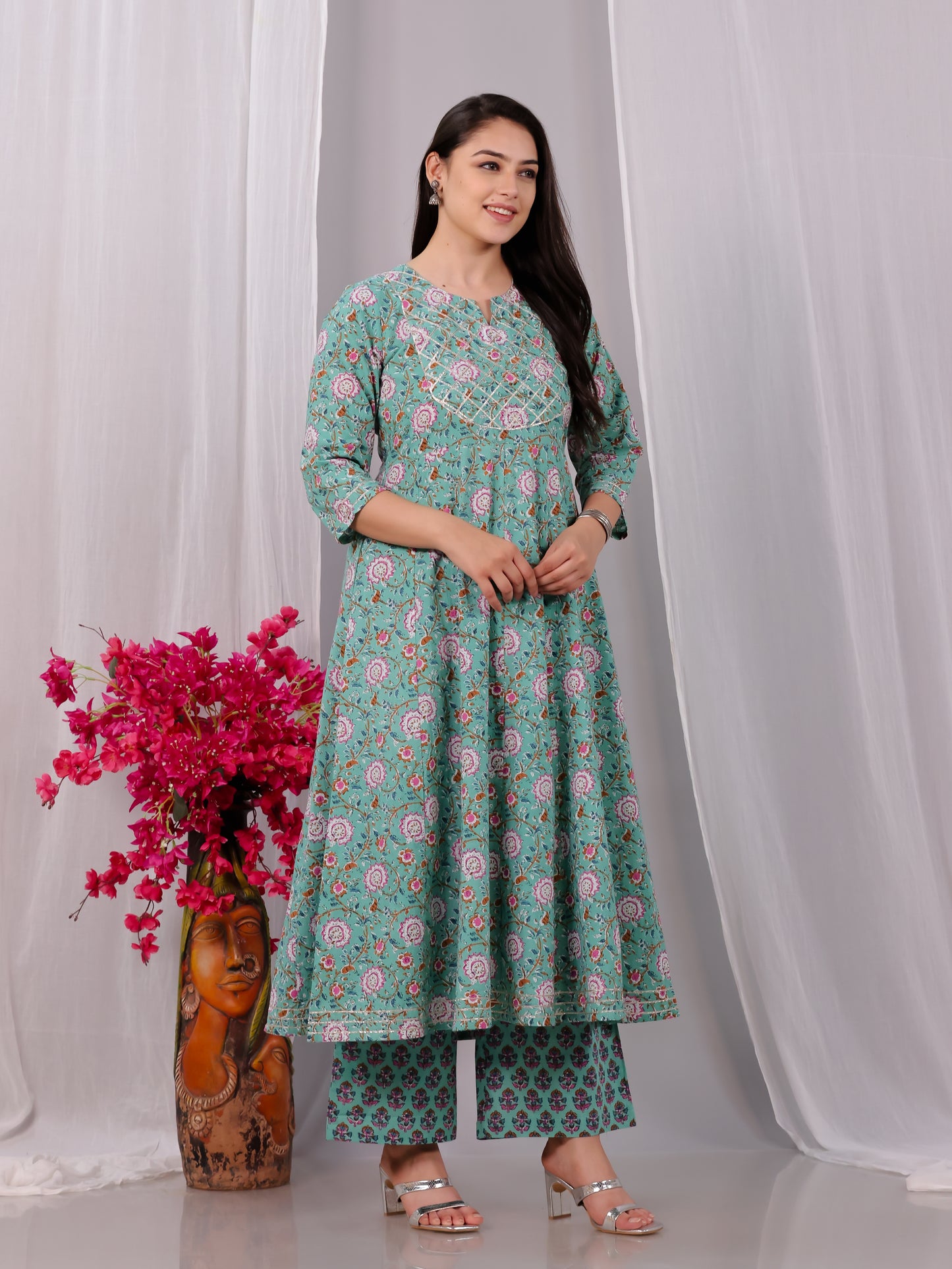 Soft Cotton Floral Anarkali Green Kurta