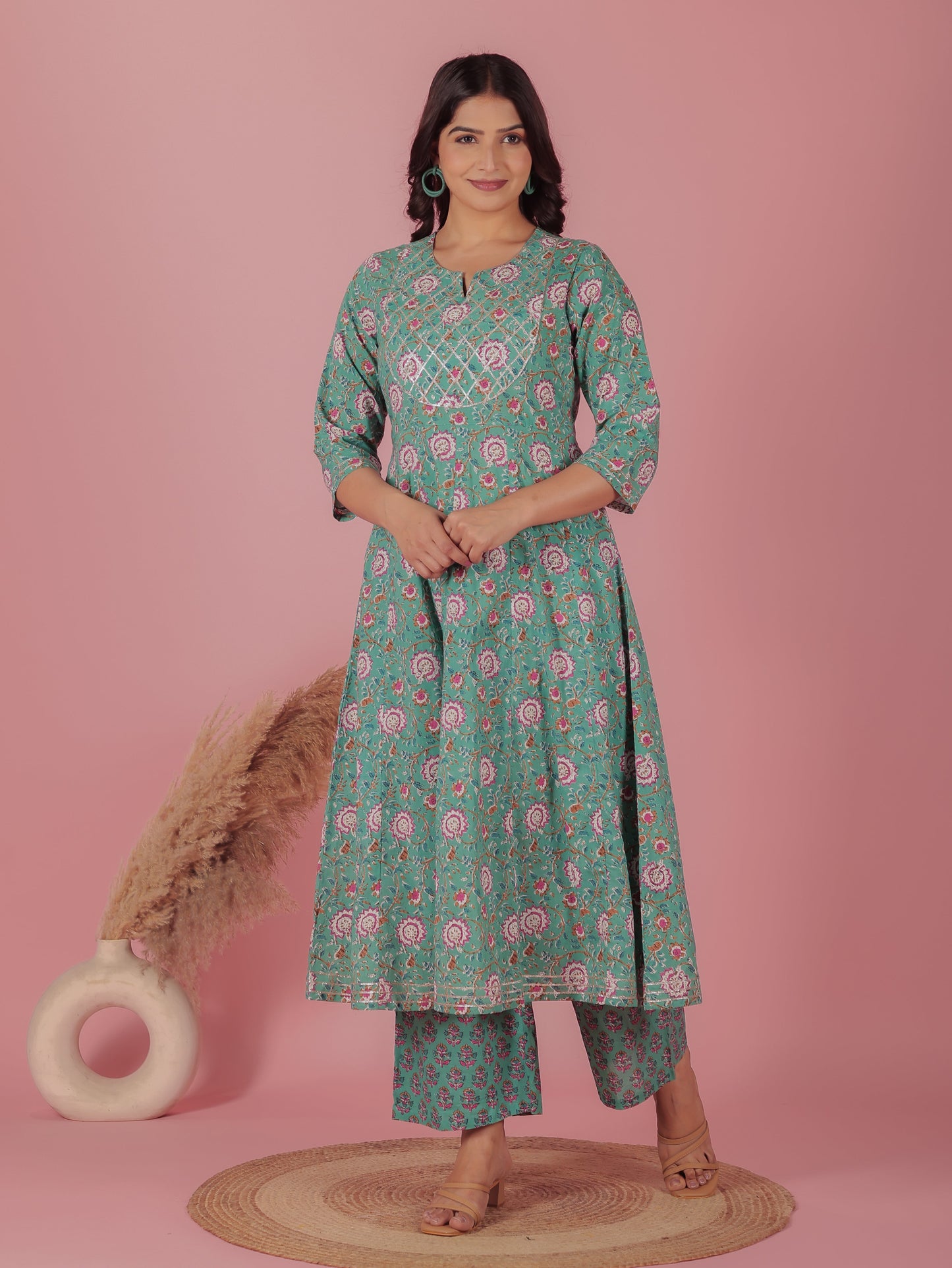 Soft Cotton Floral Anarkali Green Kurta