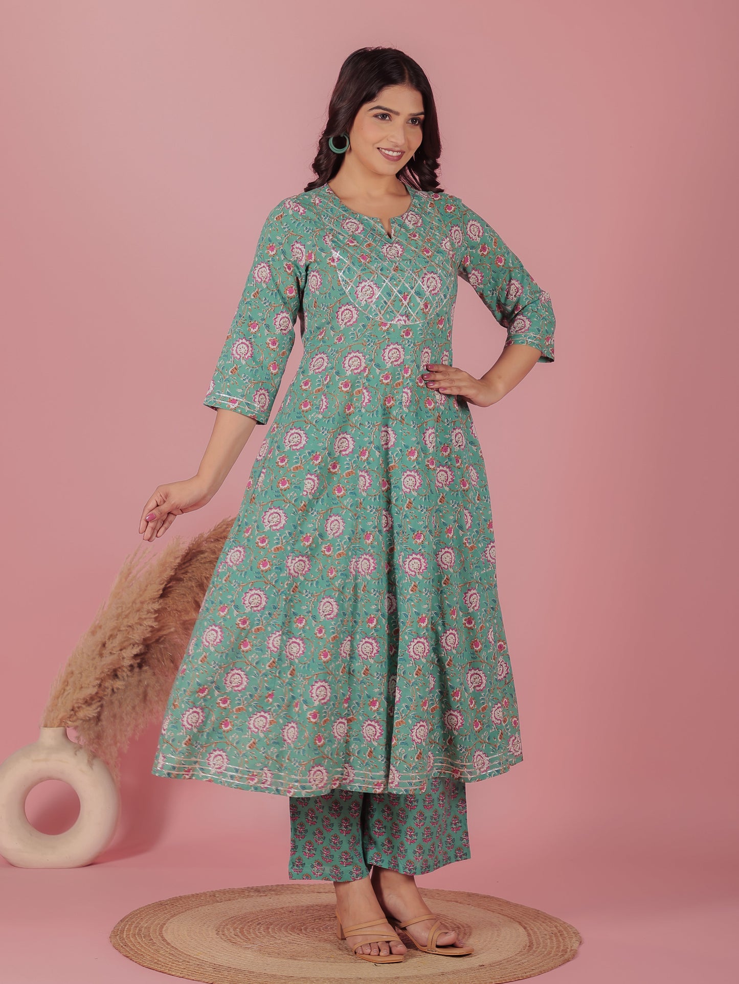 Soft Cotton Floral Anarkali Green Kurta