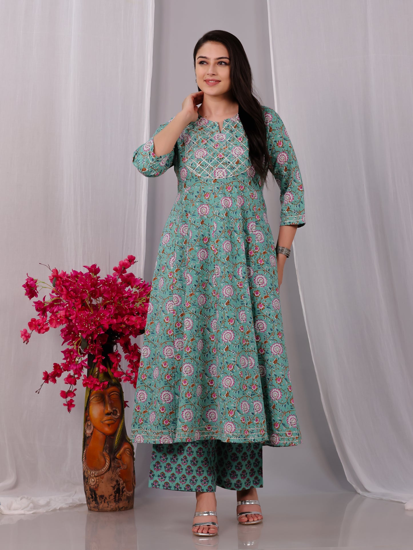 Soft Cotton Floral Anarkali Green Kurta