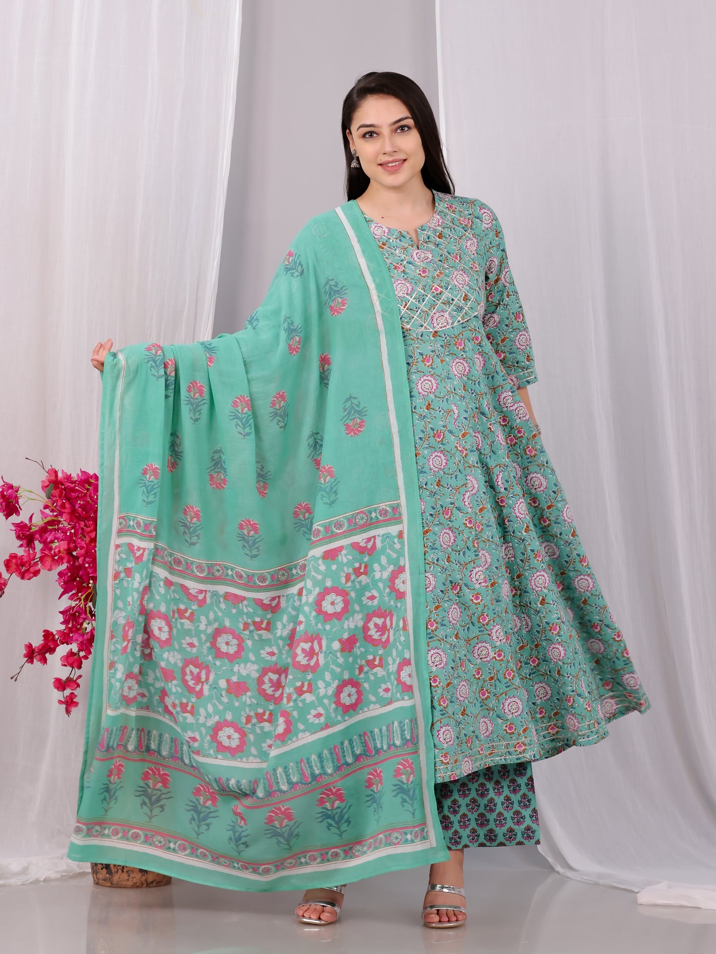Soft Cotton Floral Anarkali Green Kurta