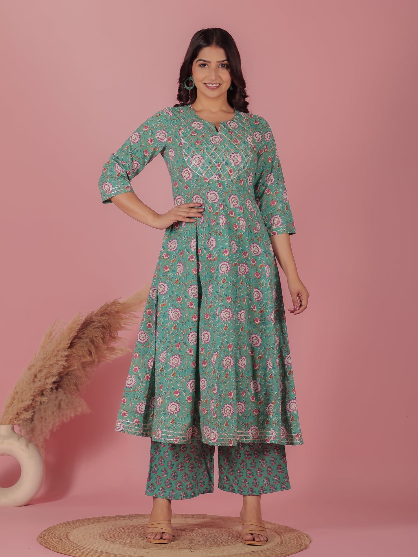 Soft Cotton Floral Anarkali Green Kurta