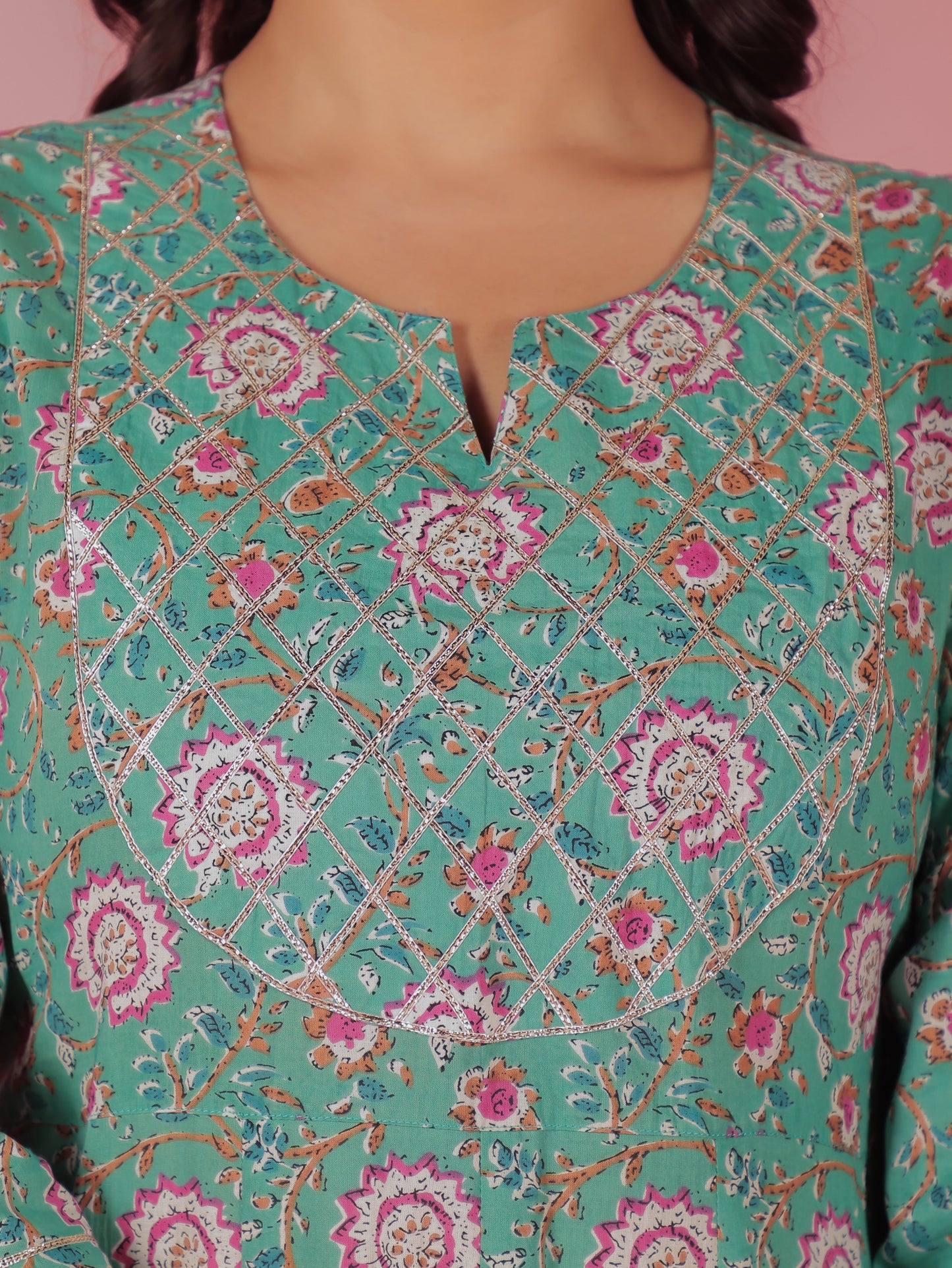 Soft Cotton Floral Anarkali Green Kurta