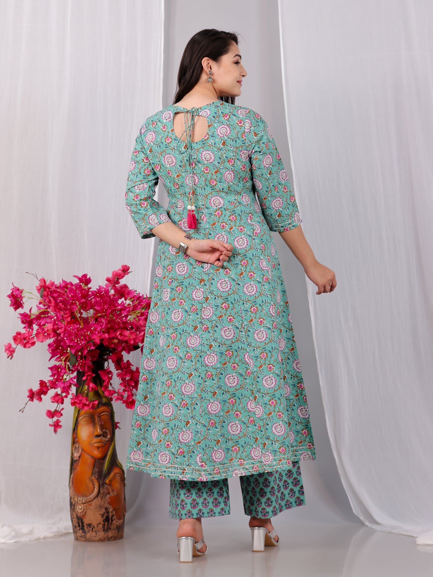 Soft Cotton Floral Anarkali Green Kurta