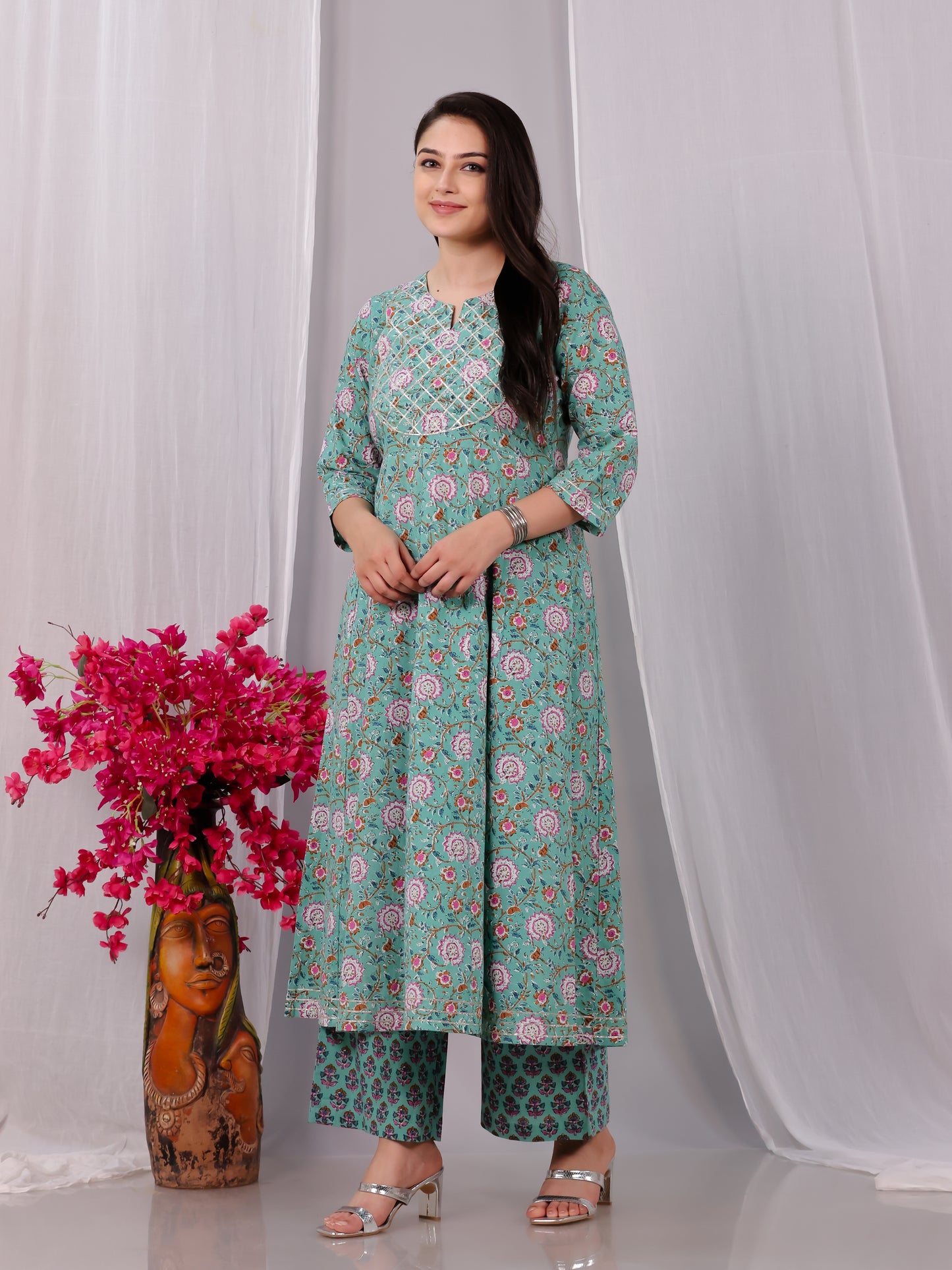 Soft Cotton Floral Anarkali Green Kurta