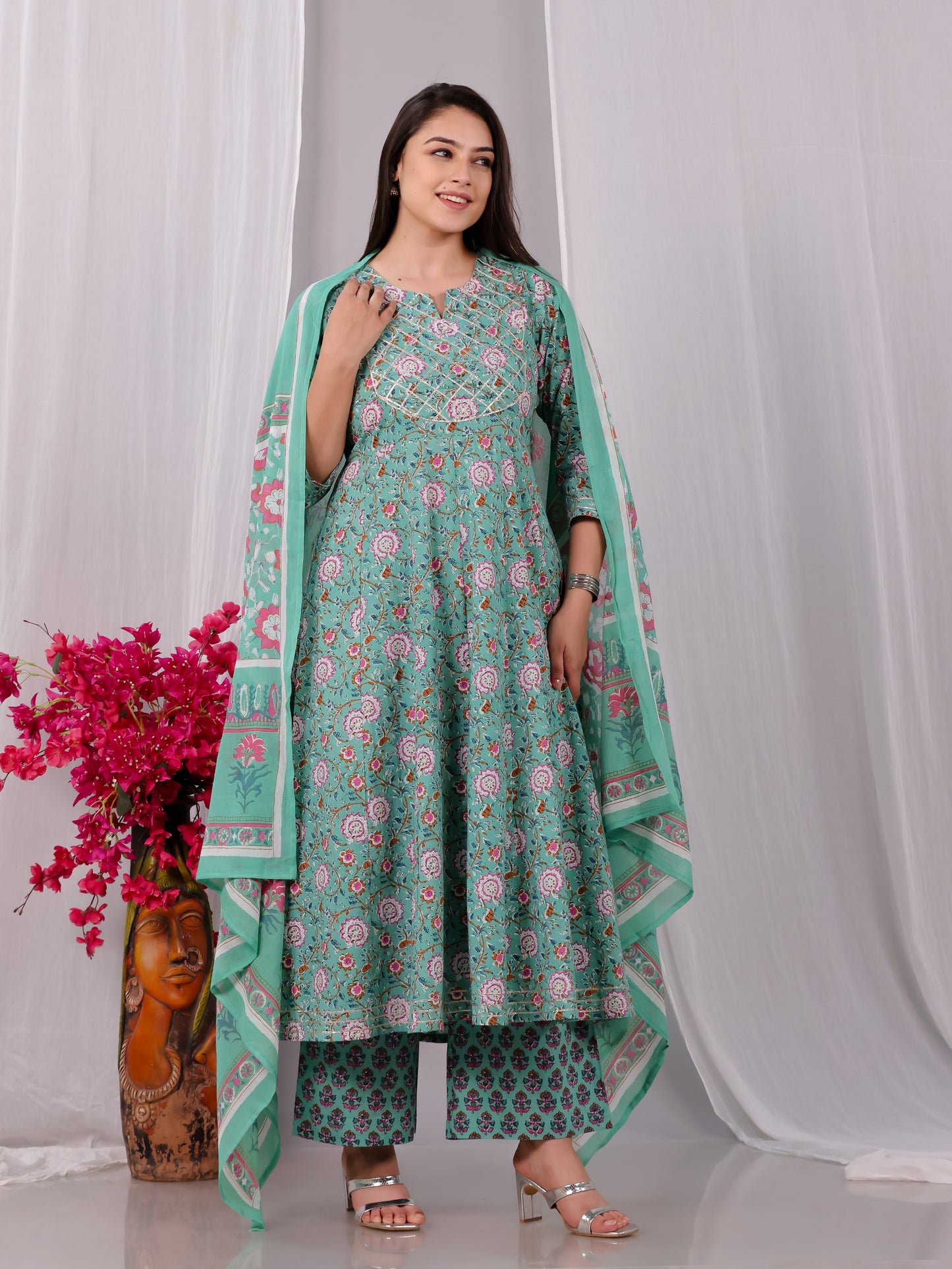 Soft Cotton Floral Anarkali Green Kurta
