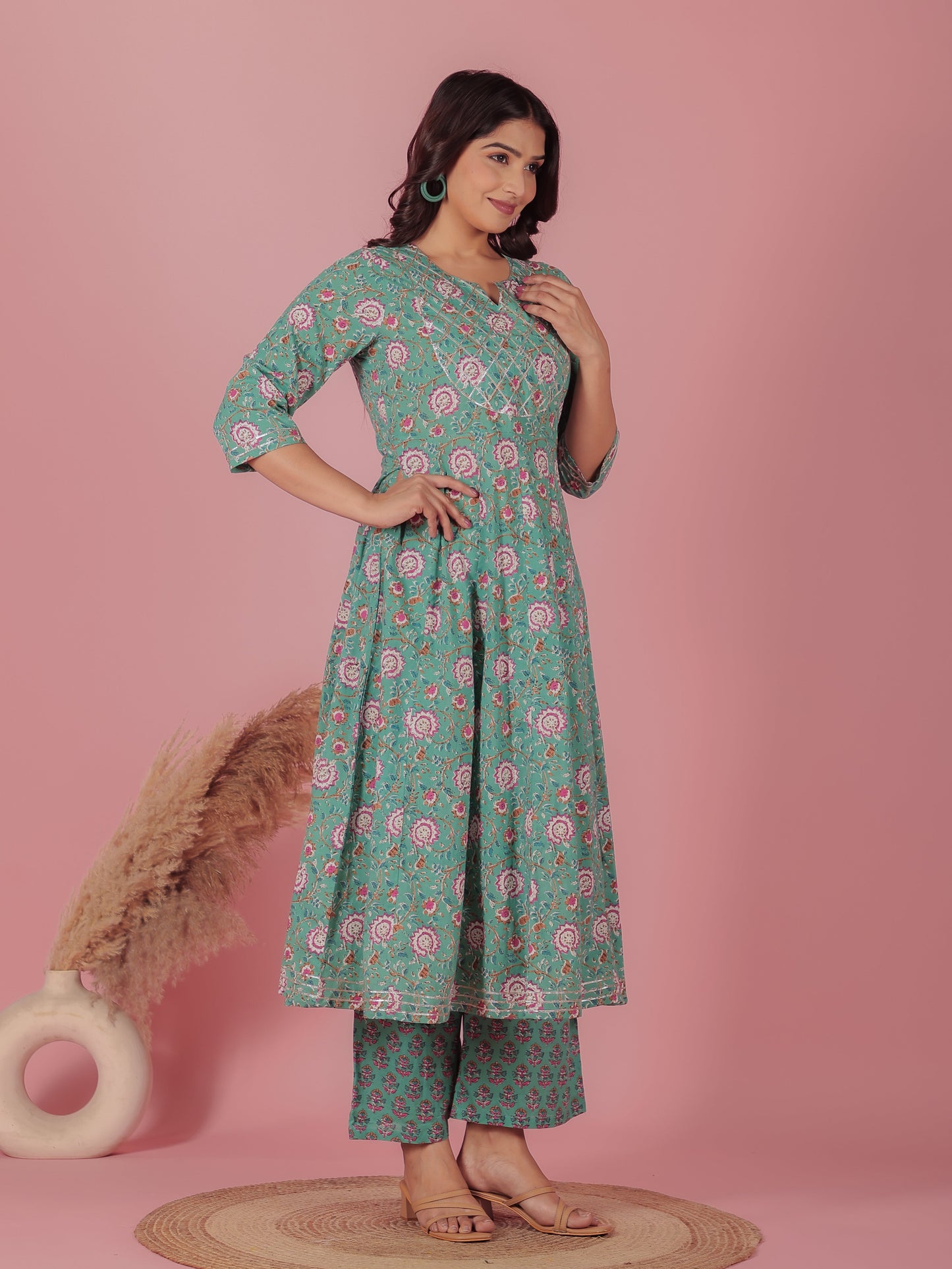 Soft Cotton Floral Anarkali Green Kurta