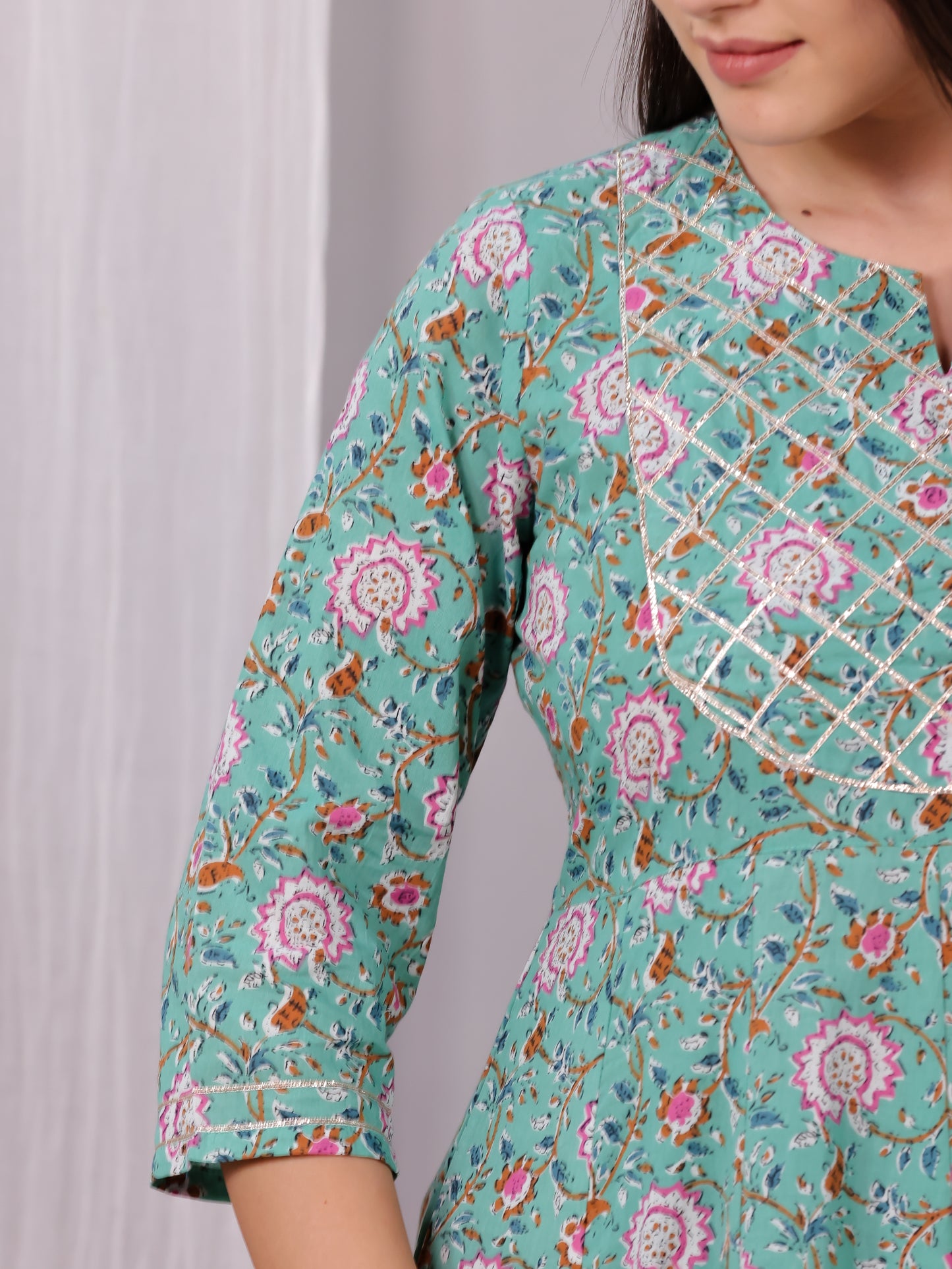 Soft Cotton Floral Anarkali Green Kurta