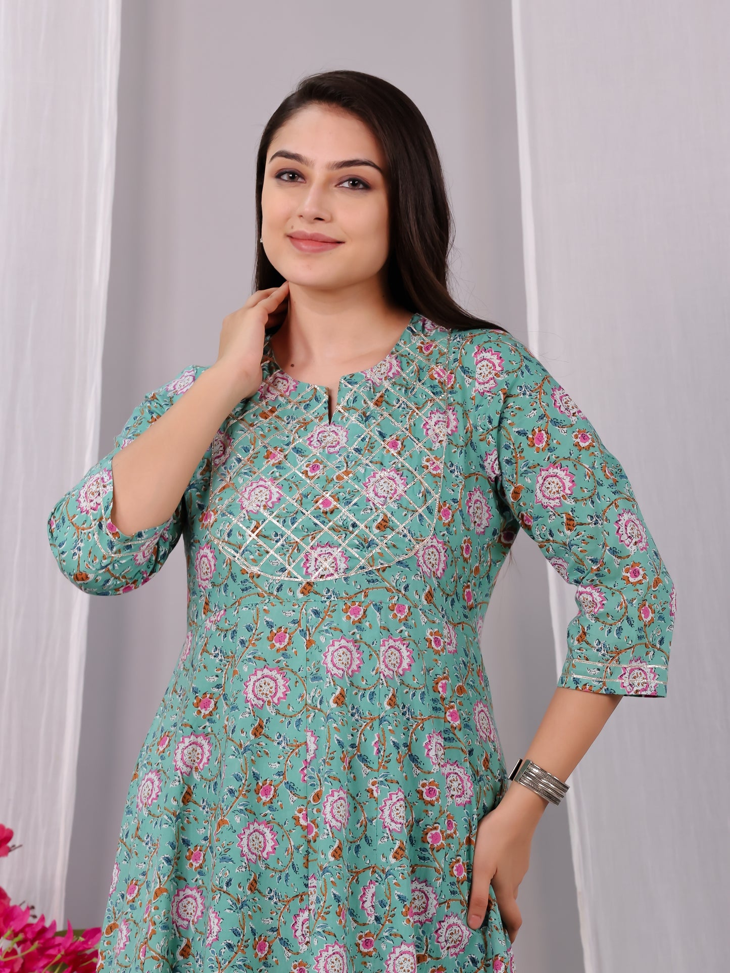 Soft Cotton Floral Anarkali Green Kurta