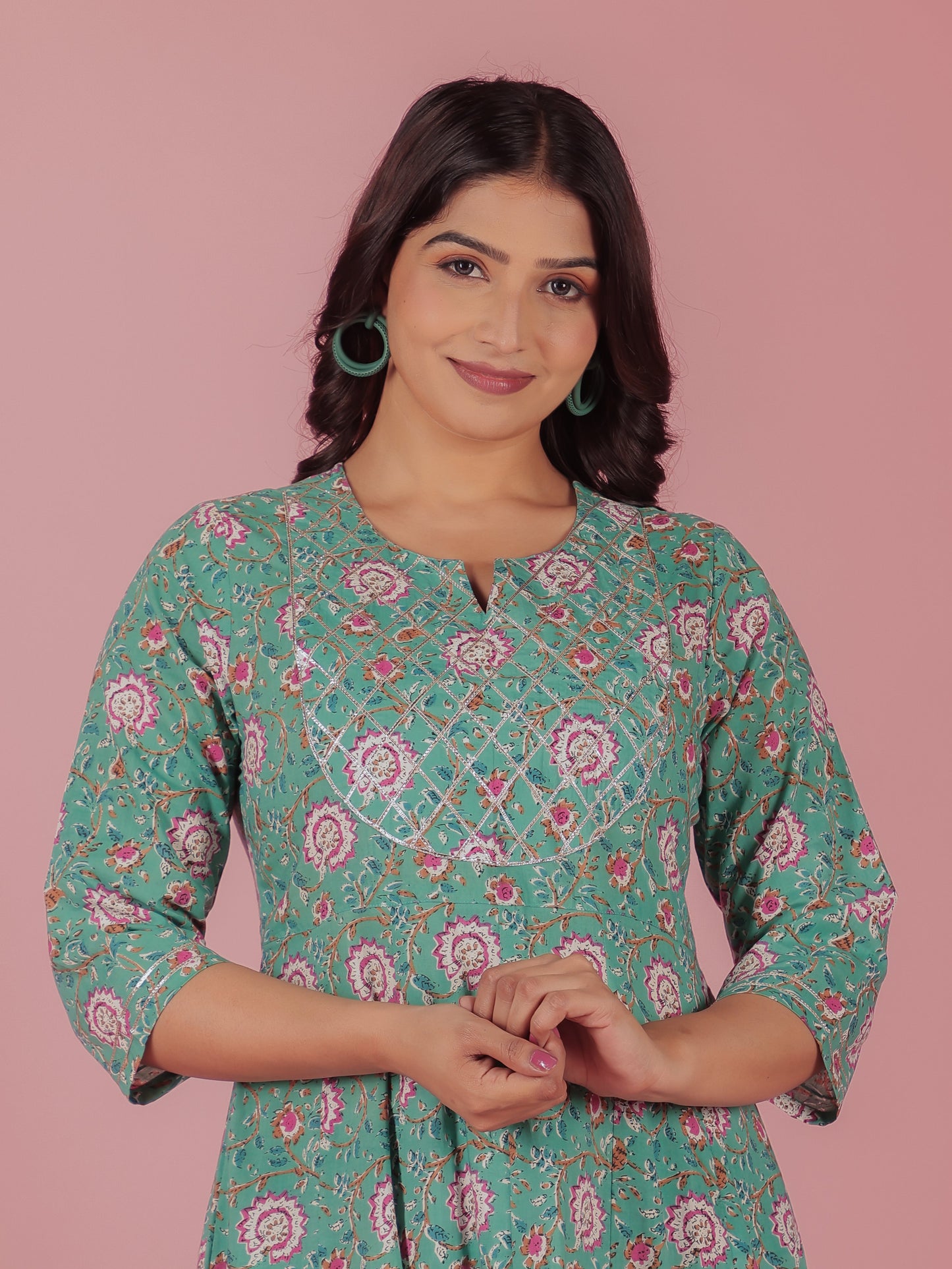 Soft Cotton Floral Anarkali Green Kurta