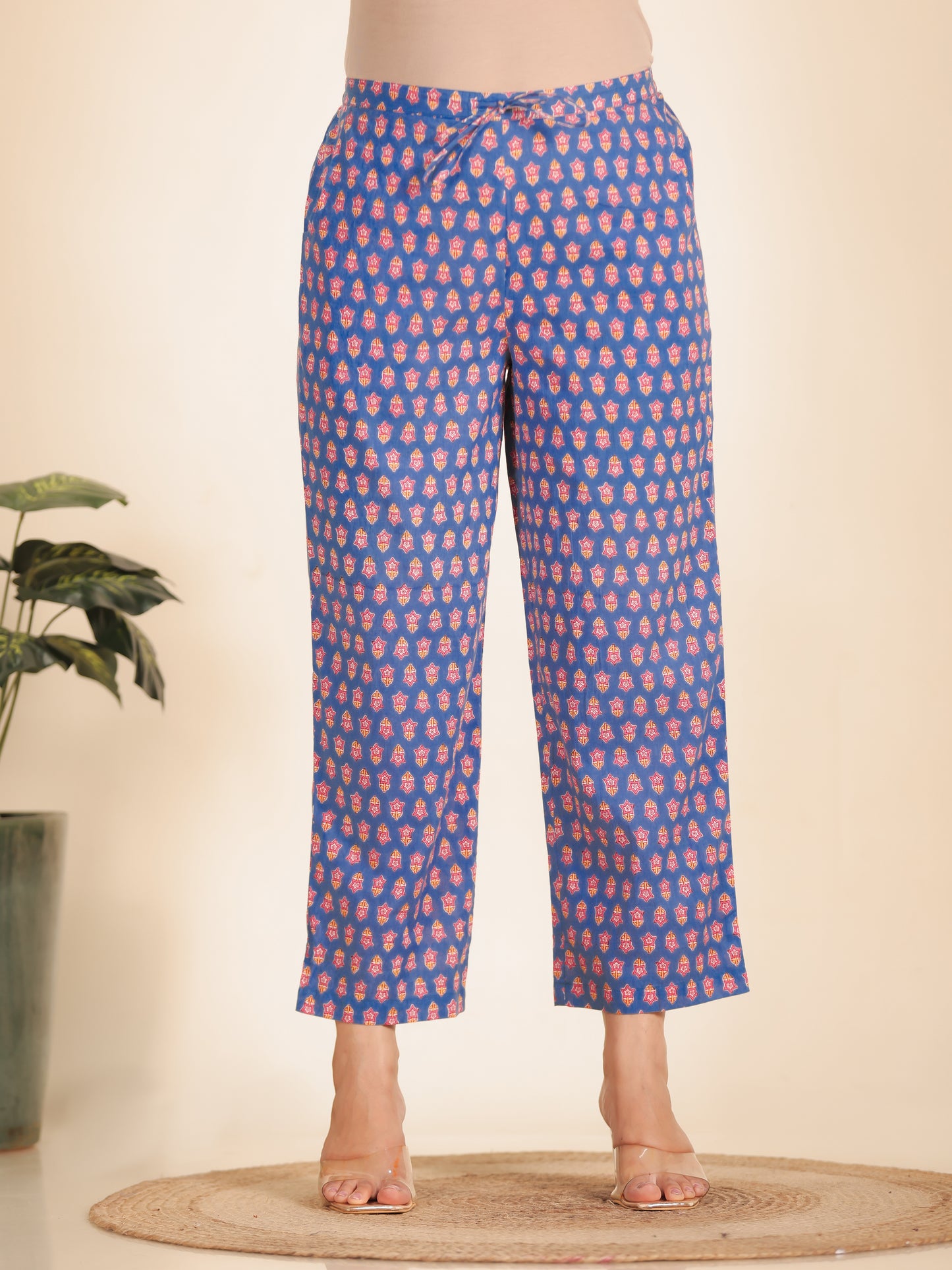 Soft Cotton Floral Blue Straight Trousers