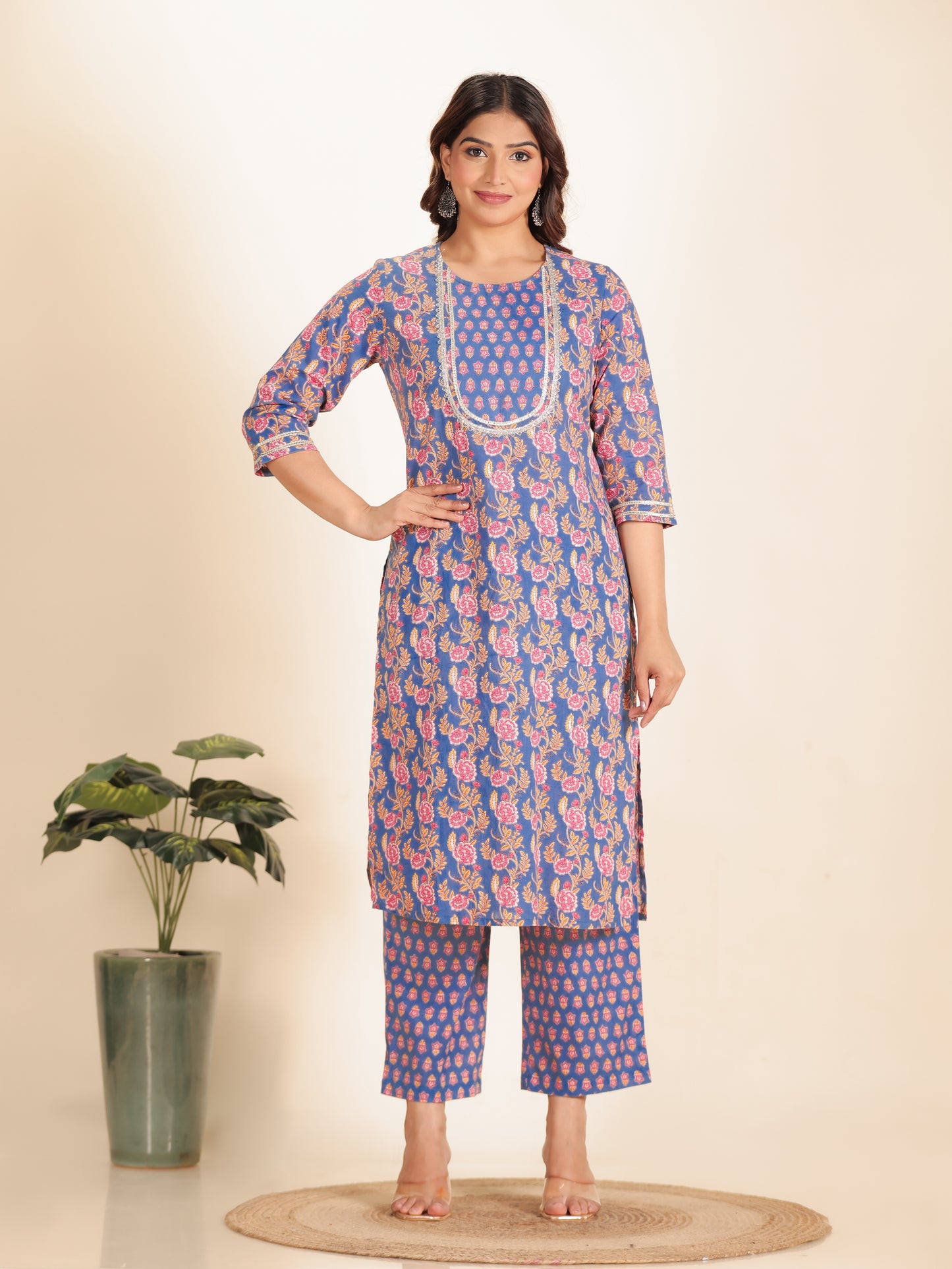 Soft Cotton Floral Straight Blue Kurta