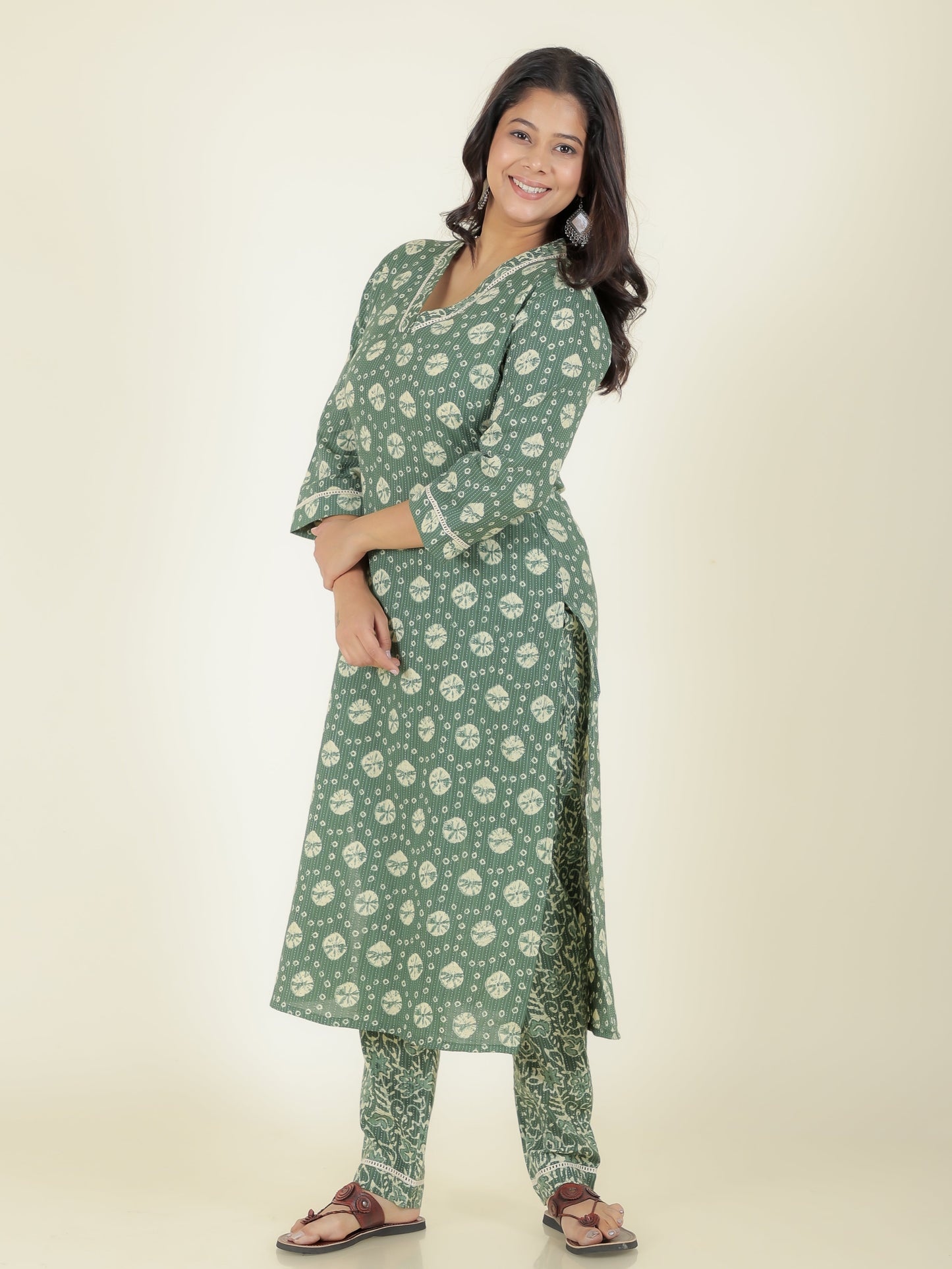 Kantha Cotton Bandhani Straight Green Kurta