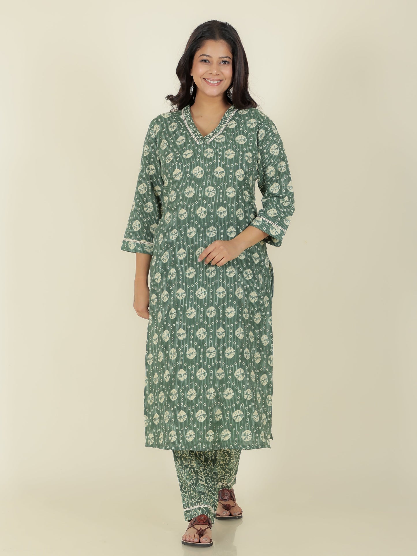 Kantha Cotton Bandhani Straight Green Kurta